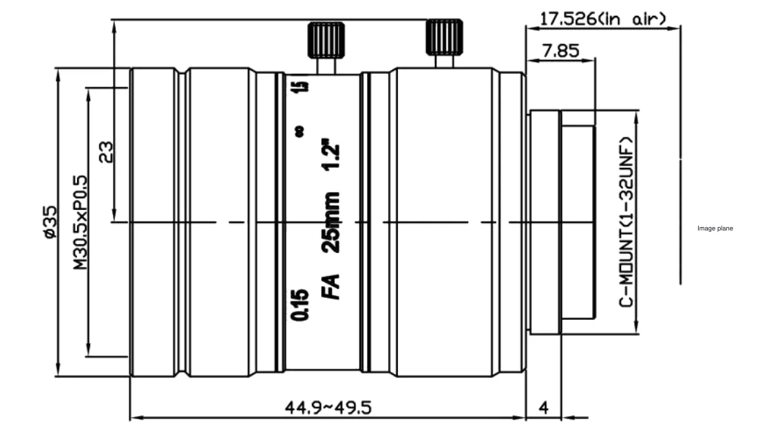 Bemaßte Zeichnung: C-Mount-Objektiv, 25 mm, 1,2" 25 MP