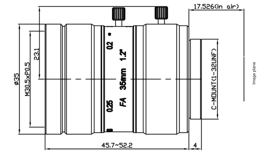 Bemaßte Zeichnung: C-Mount-Objektiv, 35 mm, 1,2" 25 MP
