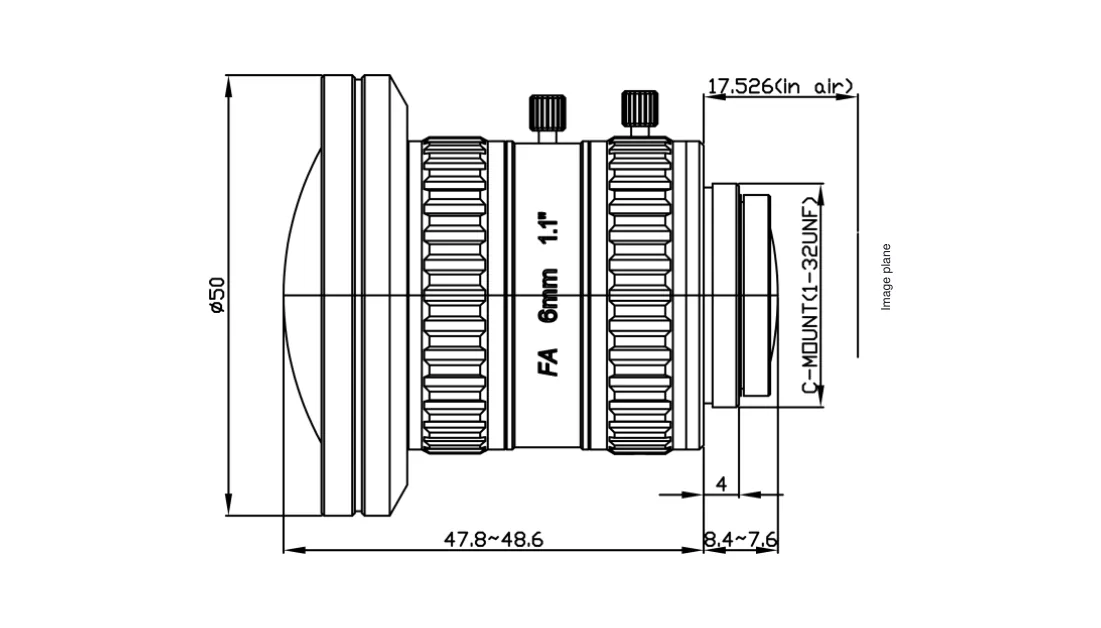 Bemaßte Zeichnung: C-Mount-Objektiv, 6 mm, 1,1" 20 MP