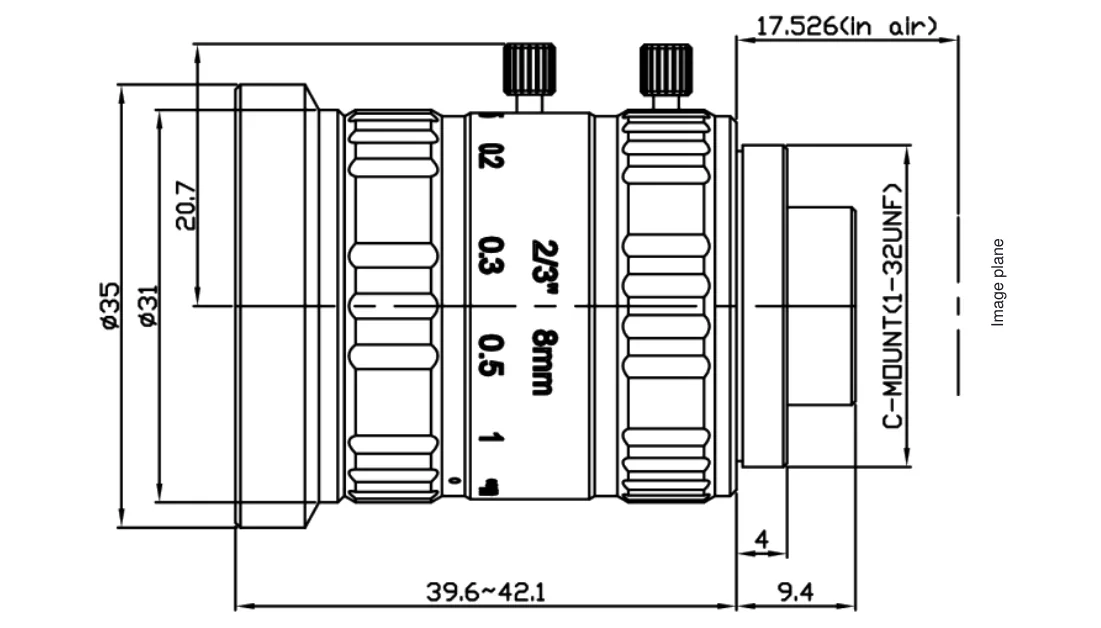 Bemaßte Zeichnung: C-Mount-Objektiv, 8 mm, 2/3" 10 MP