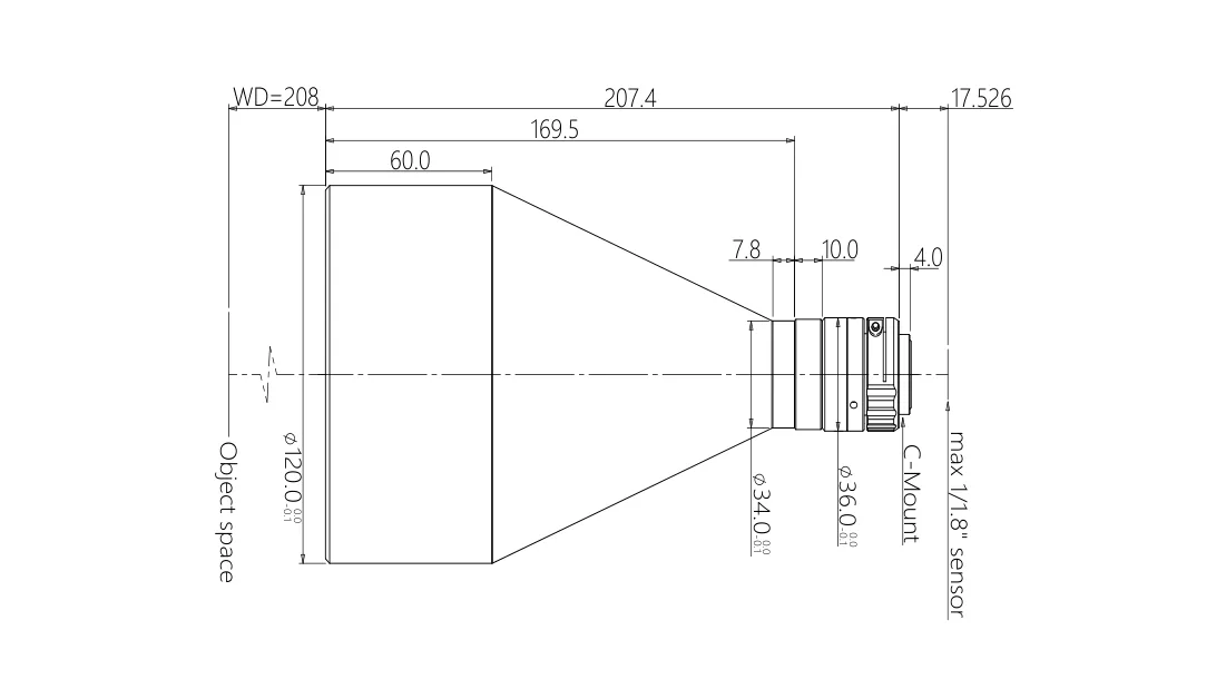 Bemaßte Zeichnung: Telezentrisches Objektiv, 0,1×, WD 208 mm