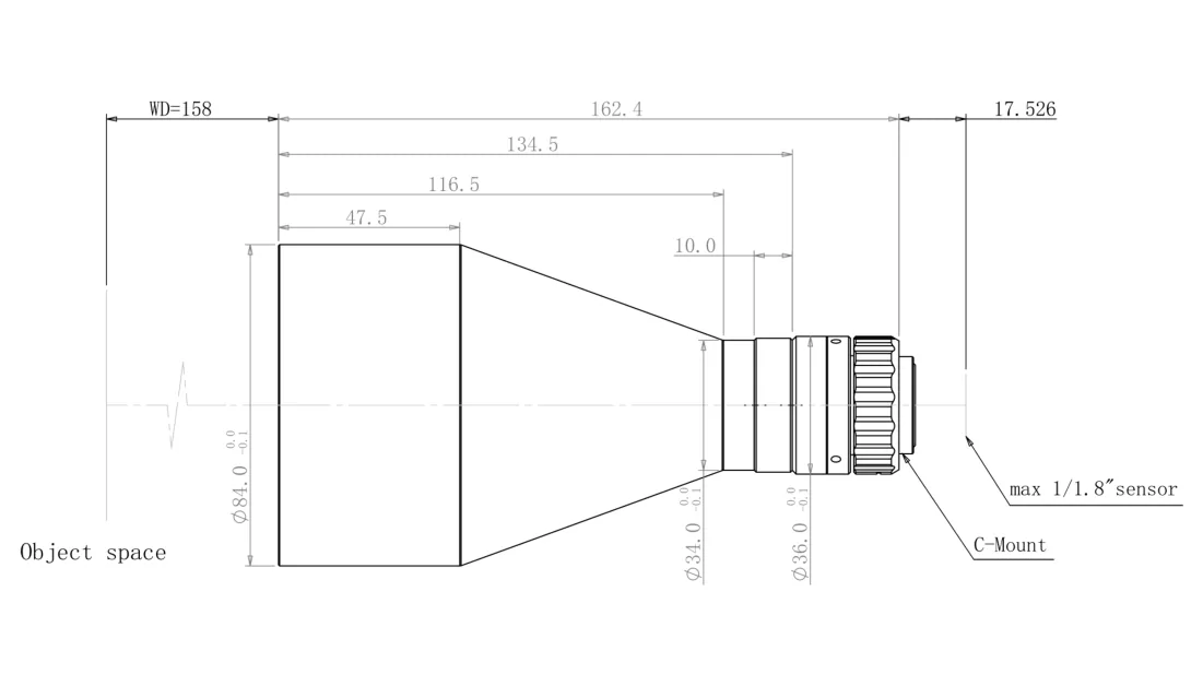 Bemaßte Zeichnung: Telezentrisches Objektiv, 0,141×, WD 158 mm