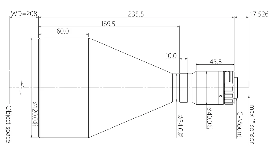Bemaßte Zeichnung: Telezentrisches Objektiv, 0,184×, WD 208 mm
