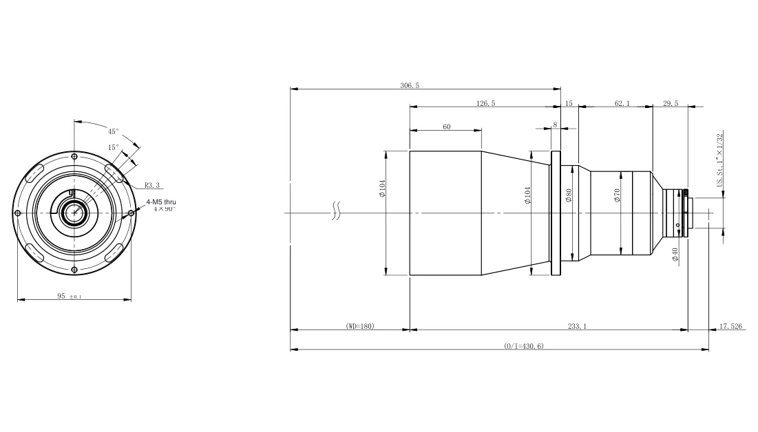 Bemaßte Zeichnung: Telezentrisches Objektiv, 0,1×, WD 180 mm