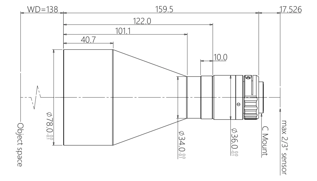Bemaßte Zeichnung: Telezentrisches Objektiv, 0,204×, WD 138 mm