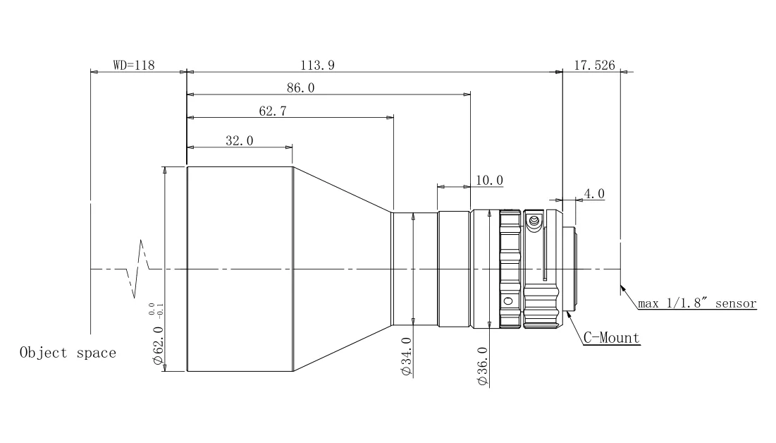 Bemaßte Zeichnung: Telezentrisches Objektiv, 0,214×, WD 118 mm