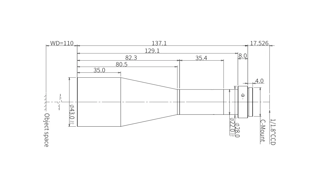 Bemaßte Zeichnung: Telezentrisches Objektiv, 0,3×, WD 110 mm