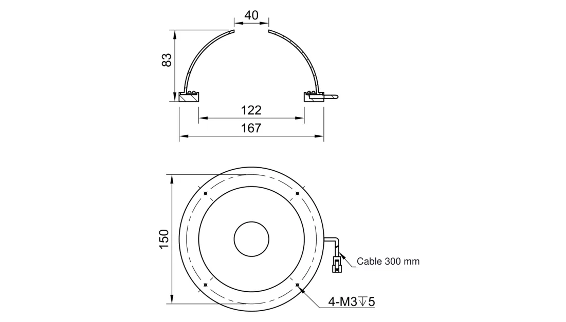 Bemaßte Zeichnung: Dombeleuchtung, weiß, Ø150 mm