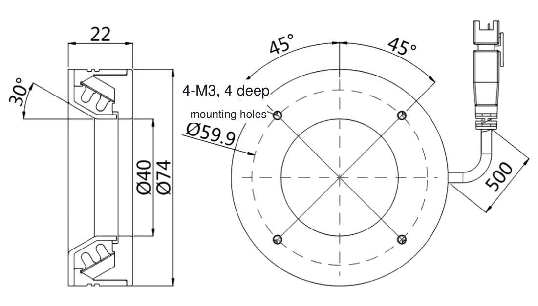 Bemaßte Zeichnung: Ringbeleuchtung, weiß, Ø74 mm, 30°