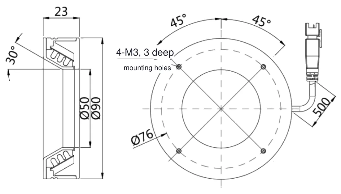 Bemaßte Zeichnung: Ringbeleuchtung, weiß, Ø90 mm, 30°
