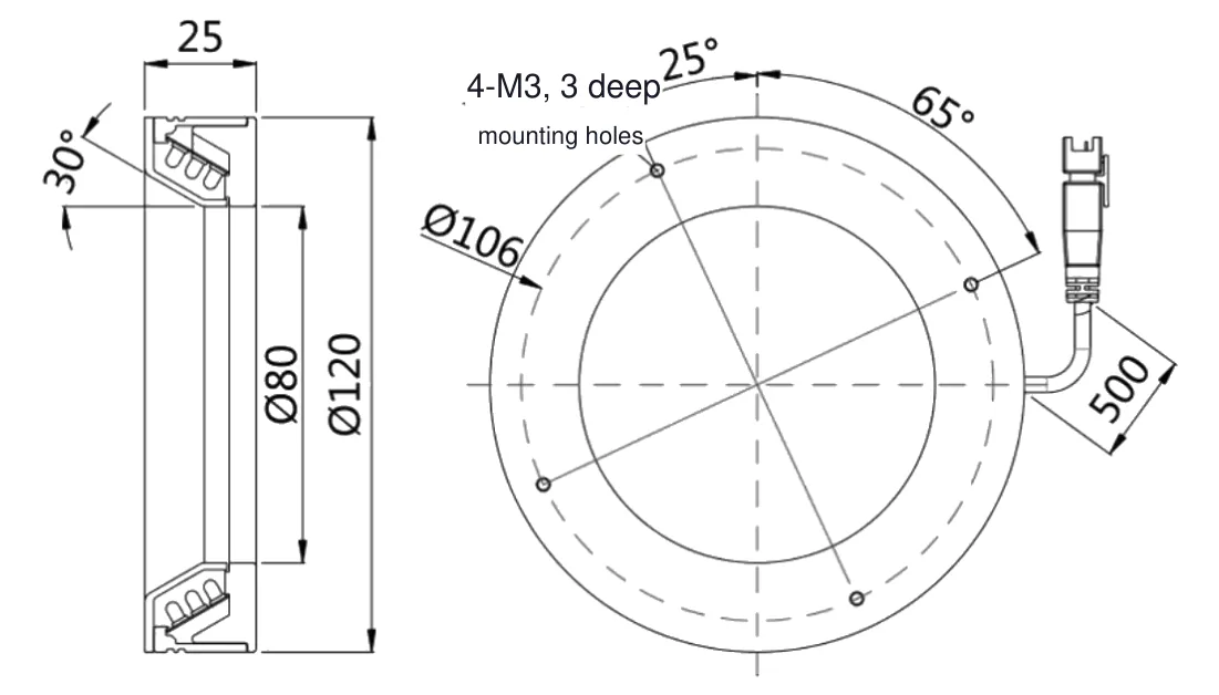 Bemaßte Zeichnung: Ringbeleuchtung, weiß, Ø120 mm, 30°