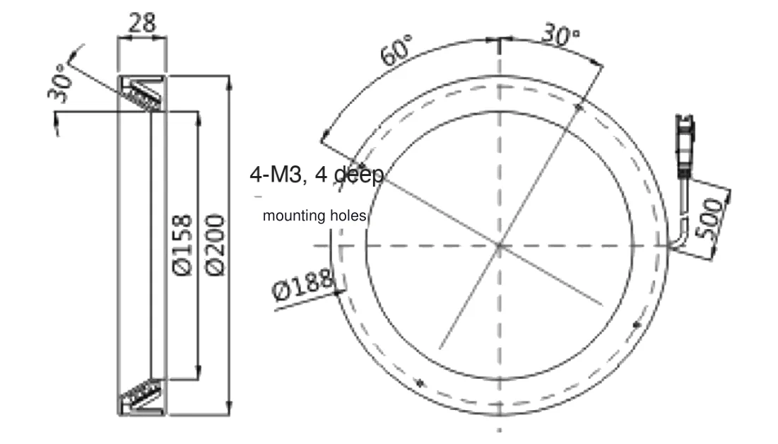 Bemaßte Zeichnung: Ringbeleuchtung, weiß, Ø200 mm, 30°