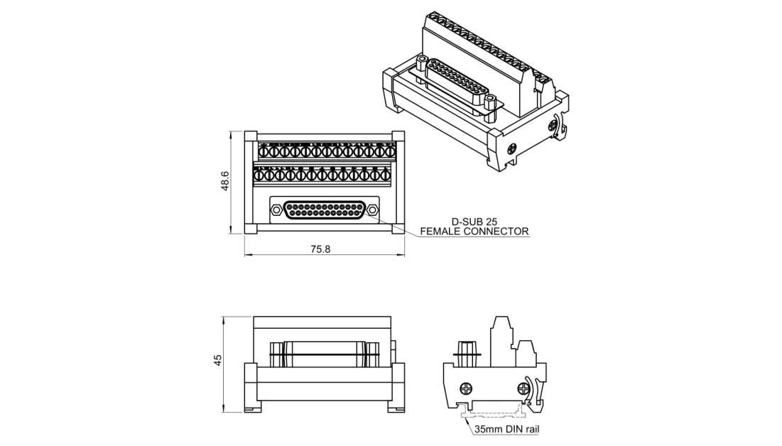 Bemaßte Zeichnung: Klemmenblock, DB25 (OV10i / OV20i)