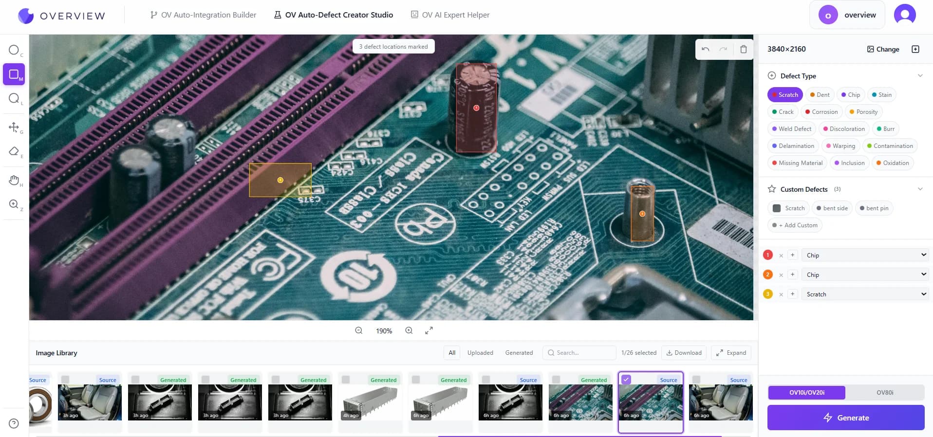 OV Auto-Defect Creator Studio主界面，具有AI缺陷生成工具