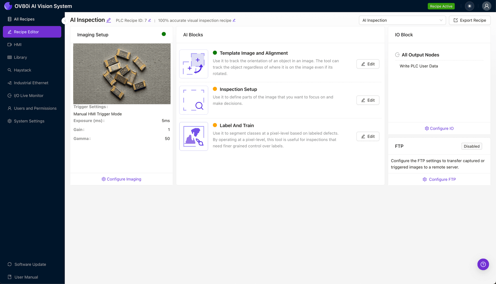 OV80i camera setup for 224G contact plating inspection with angled lighting configuration