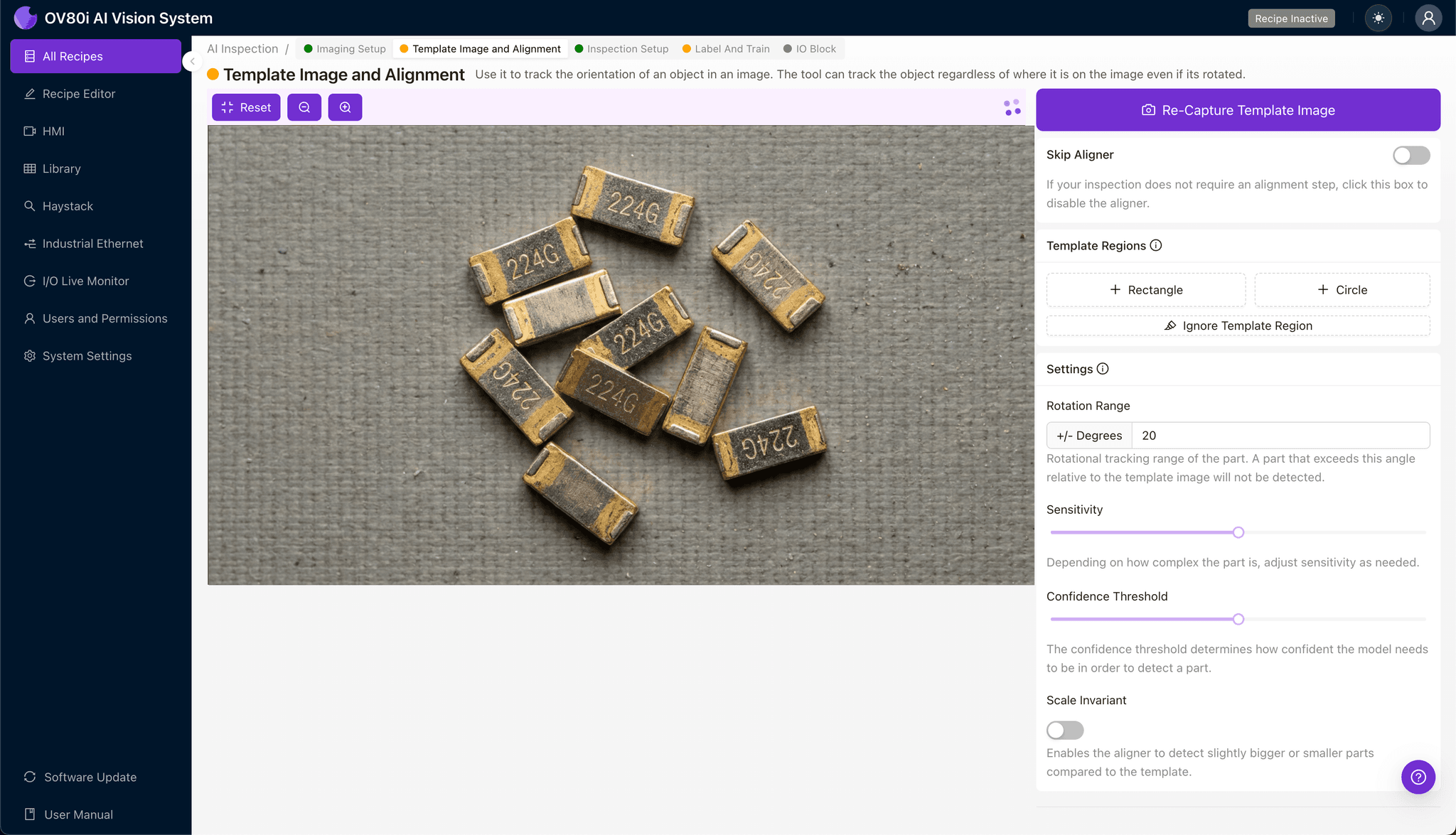 Template image alignment configuration for 224G contact with rectangle alignment region