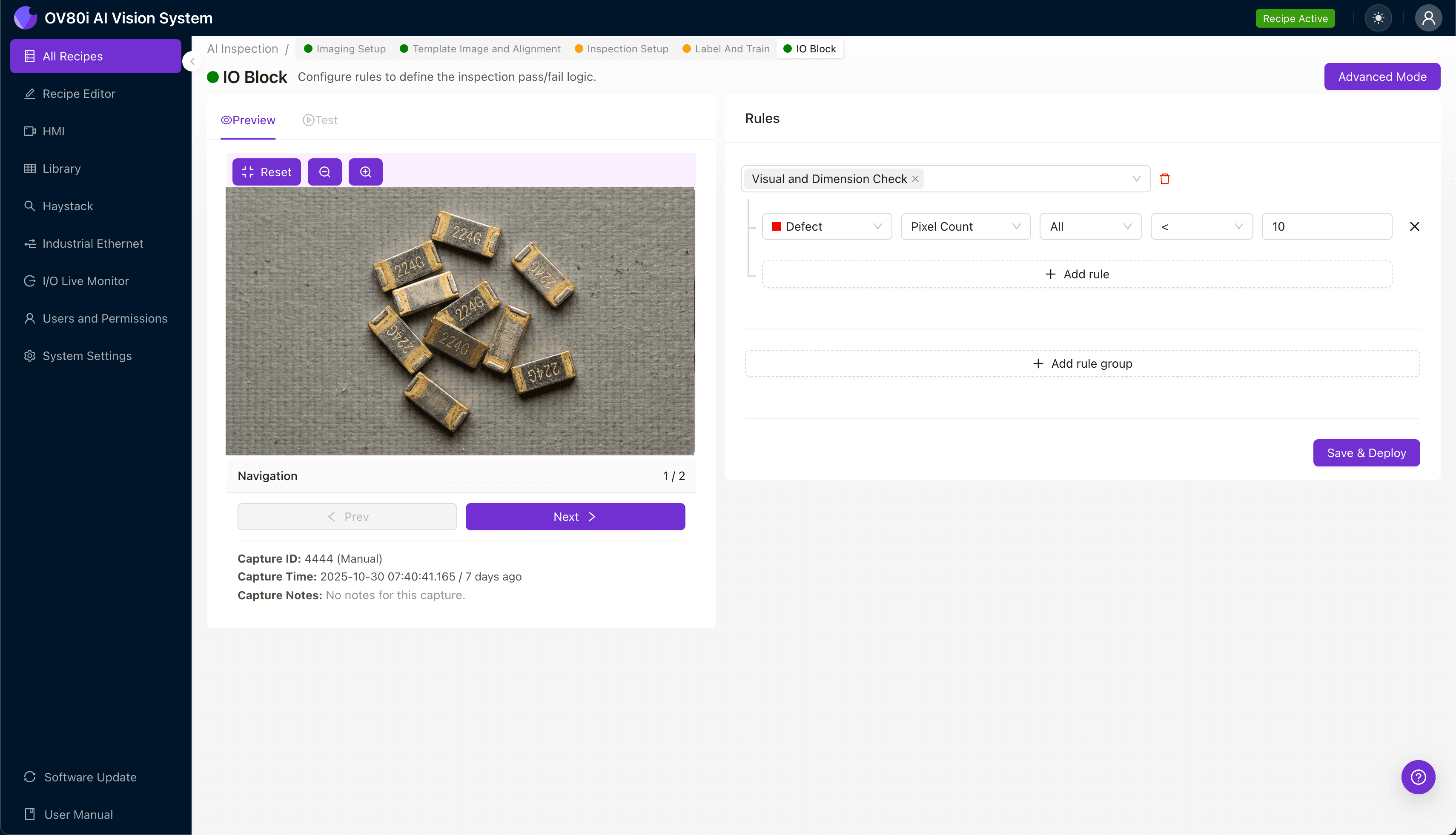 224G contact inspection regions configured in Overview.ai platform for detecting non-uniform plating thickness
