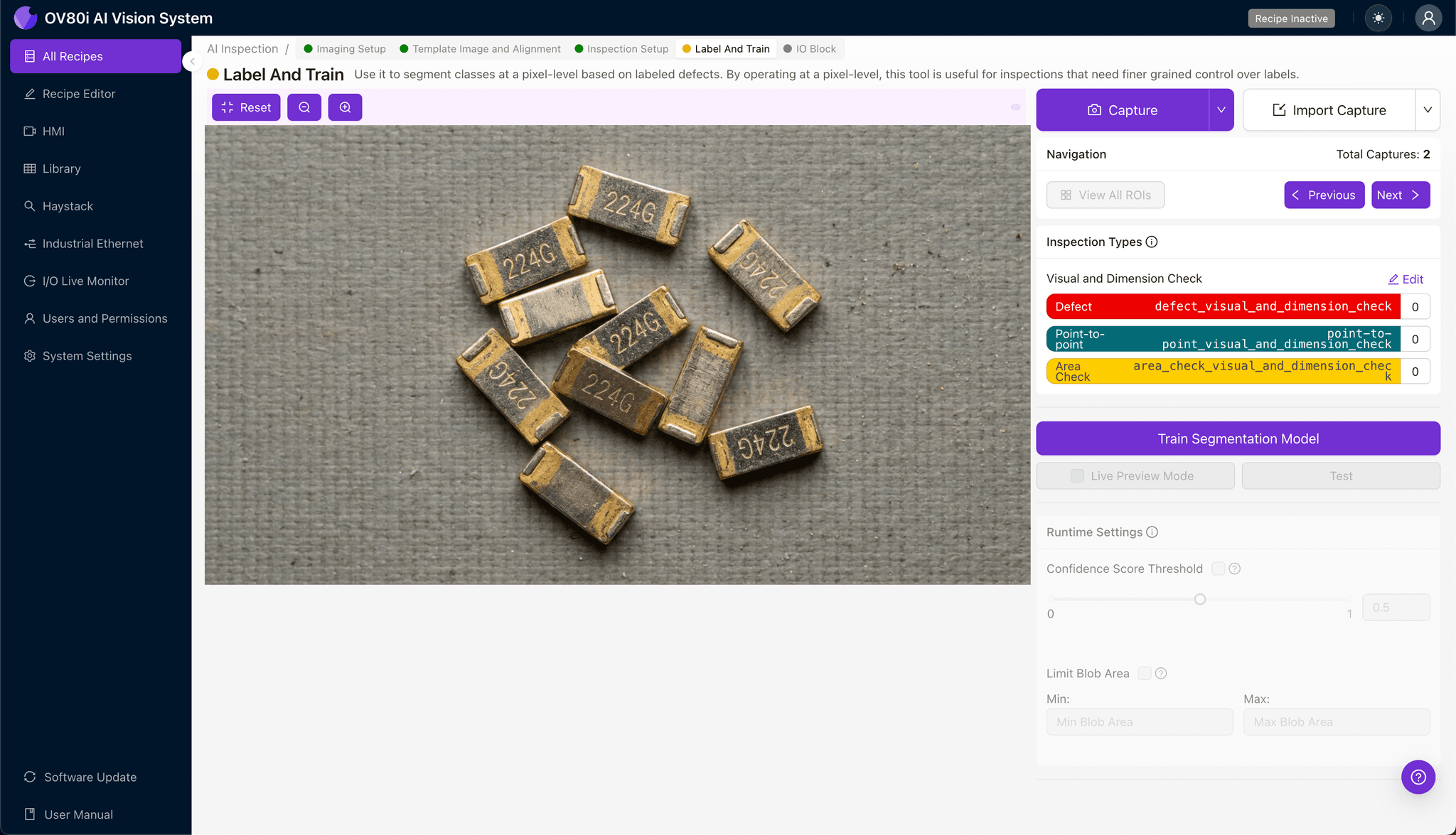 Rules configuration interface with pass/fail thresholds for 224G contact plating inspection