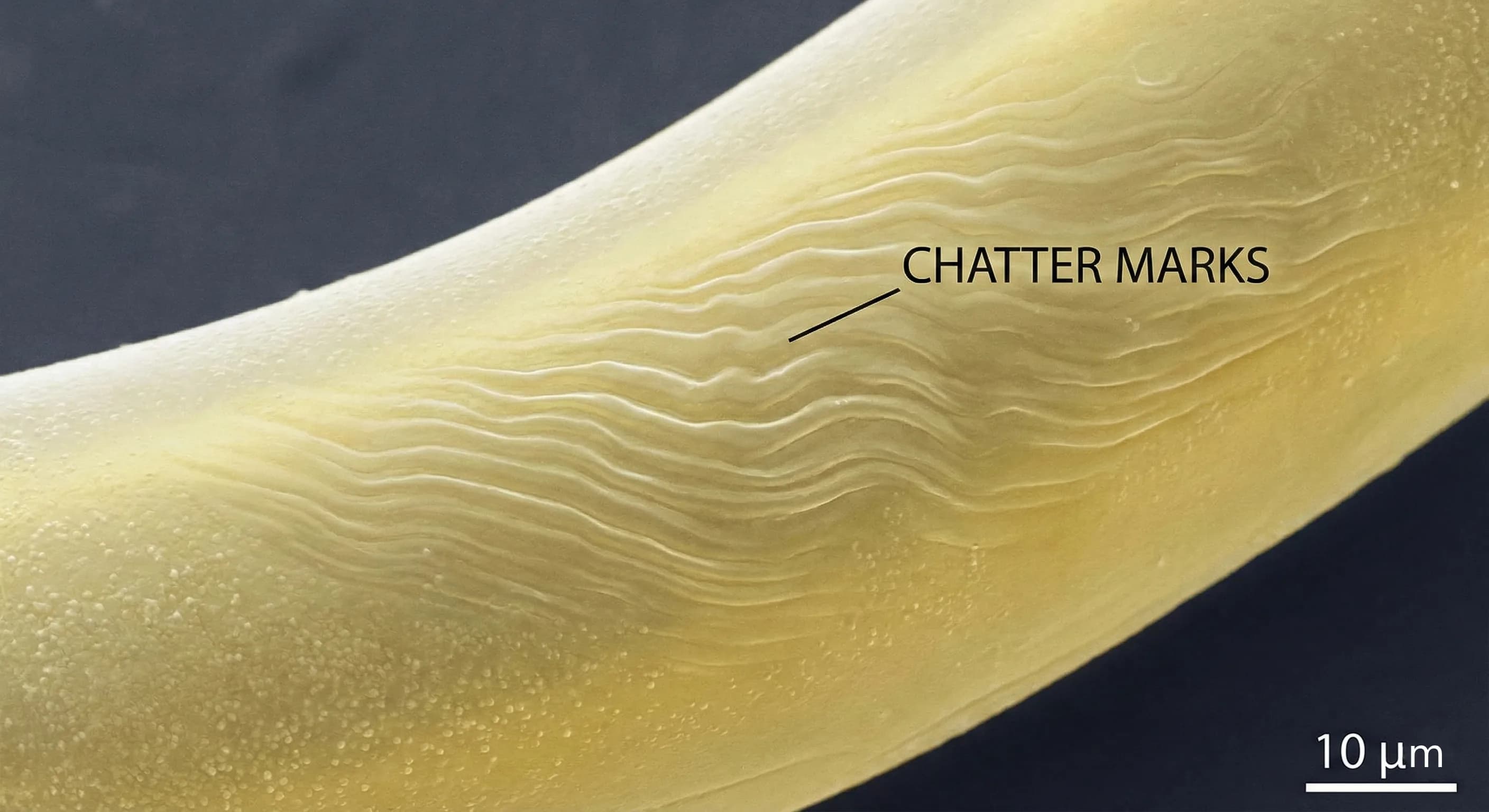 Microscopic view showing the distinct wavy ridge pattern characterizing chatter marks on a catheter surface