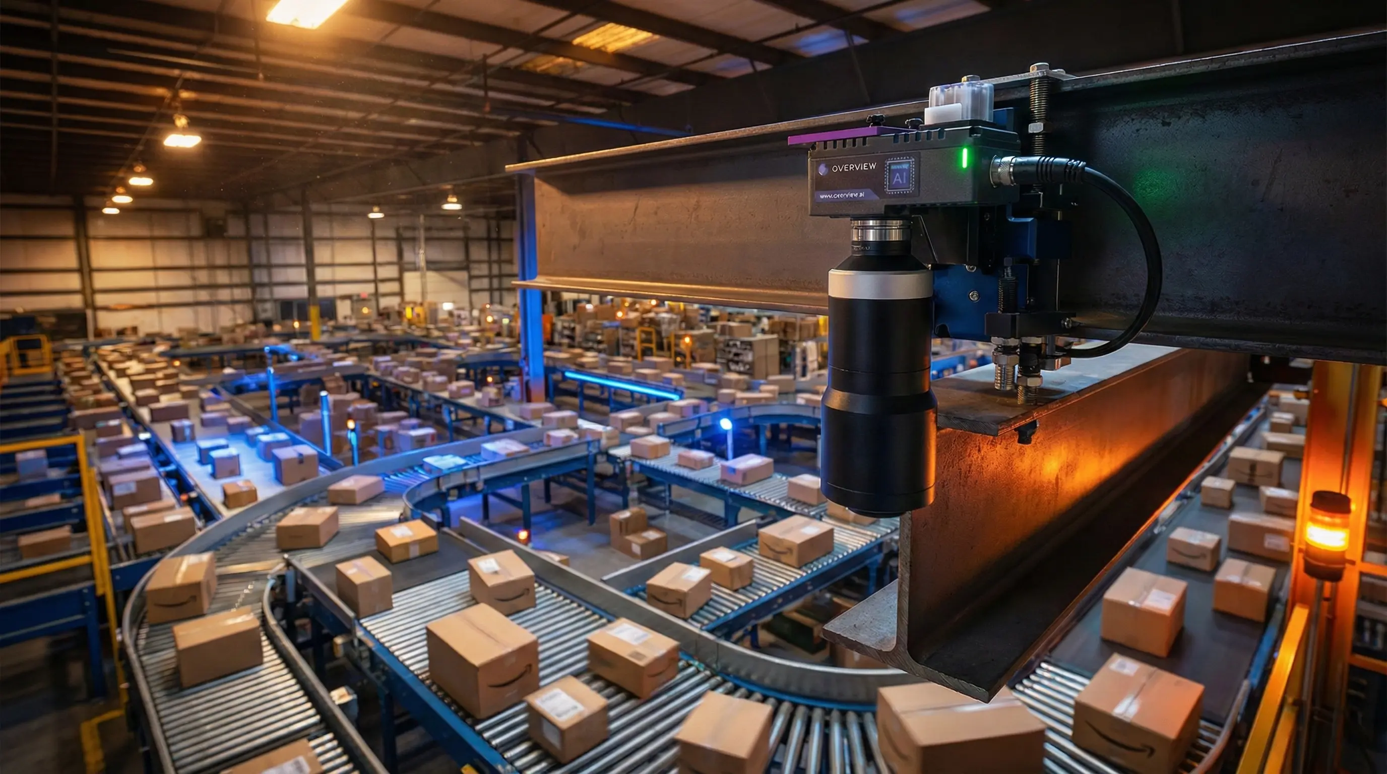 AI vision system inspecting packages on high-speed fulfillment center conveyor belt