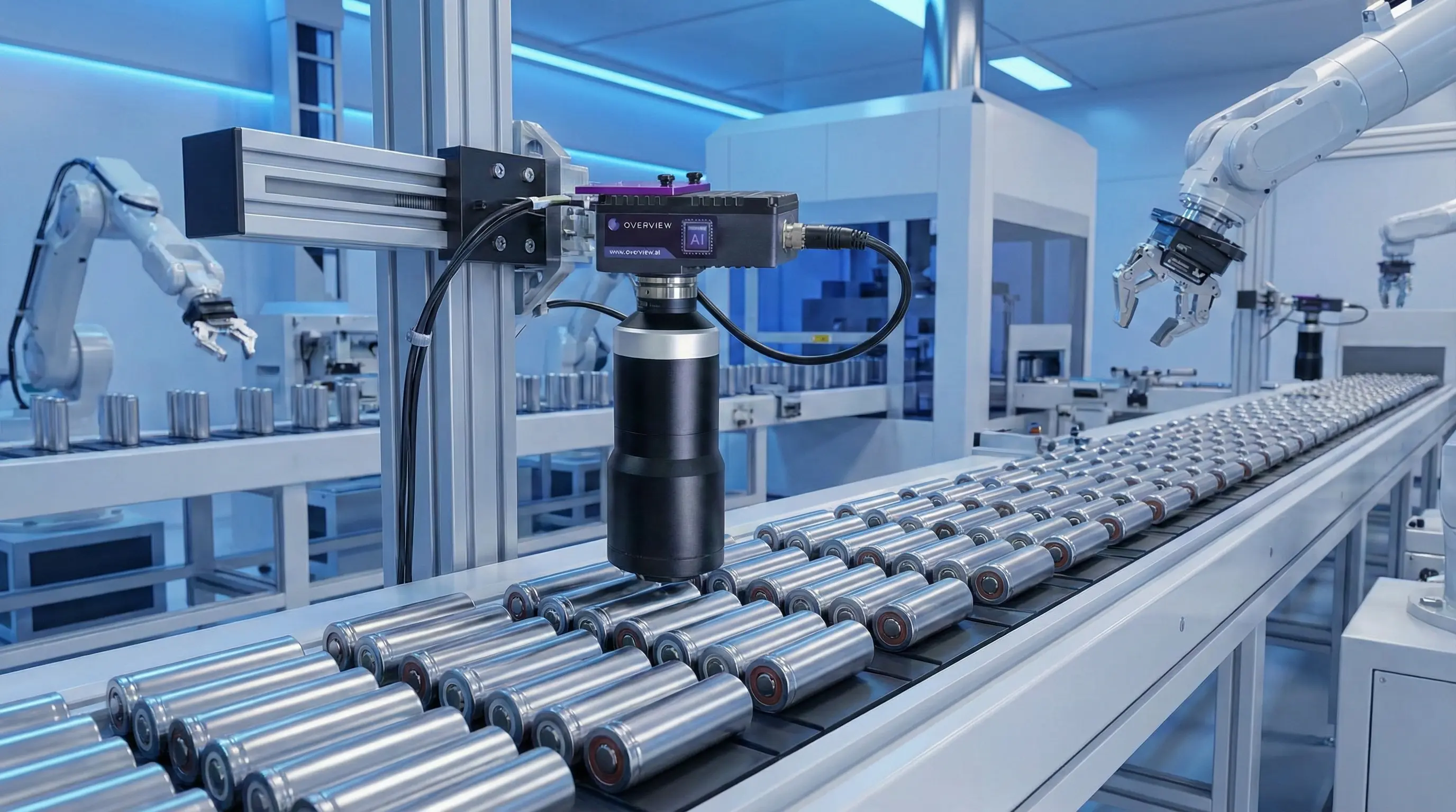 Sistema de visión AI inspeccionando celdas de batería cilíndricas en línea de producción de gigafábrica
