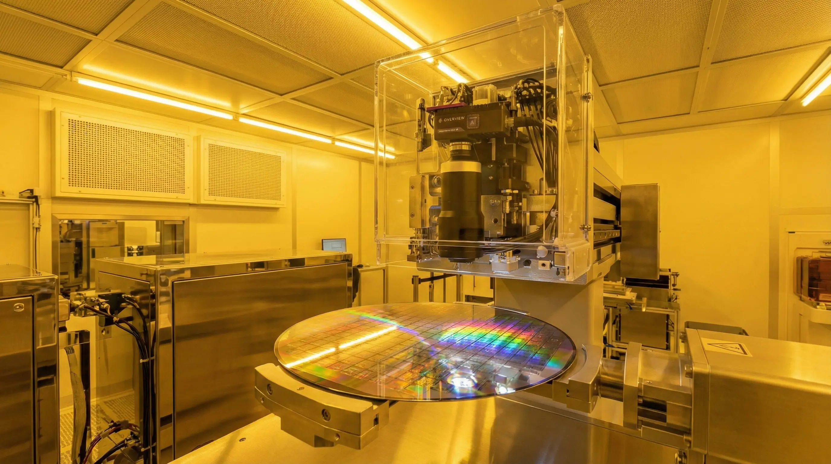 AI vision system inspecting semiconductor wafer in cleanroom environment