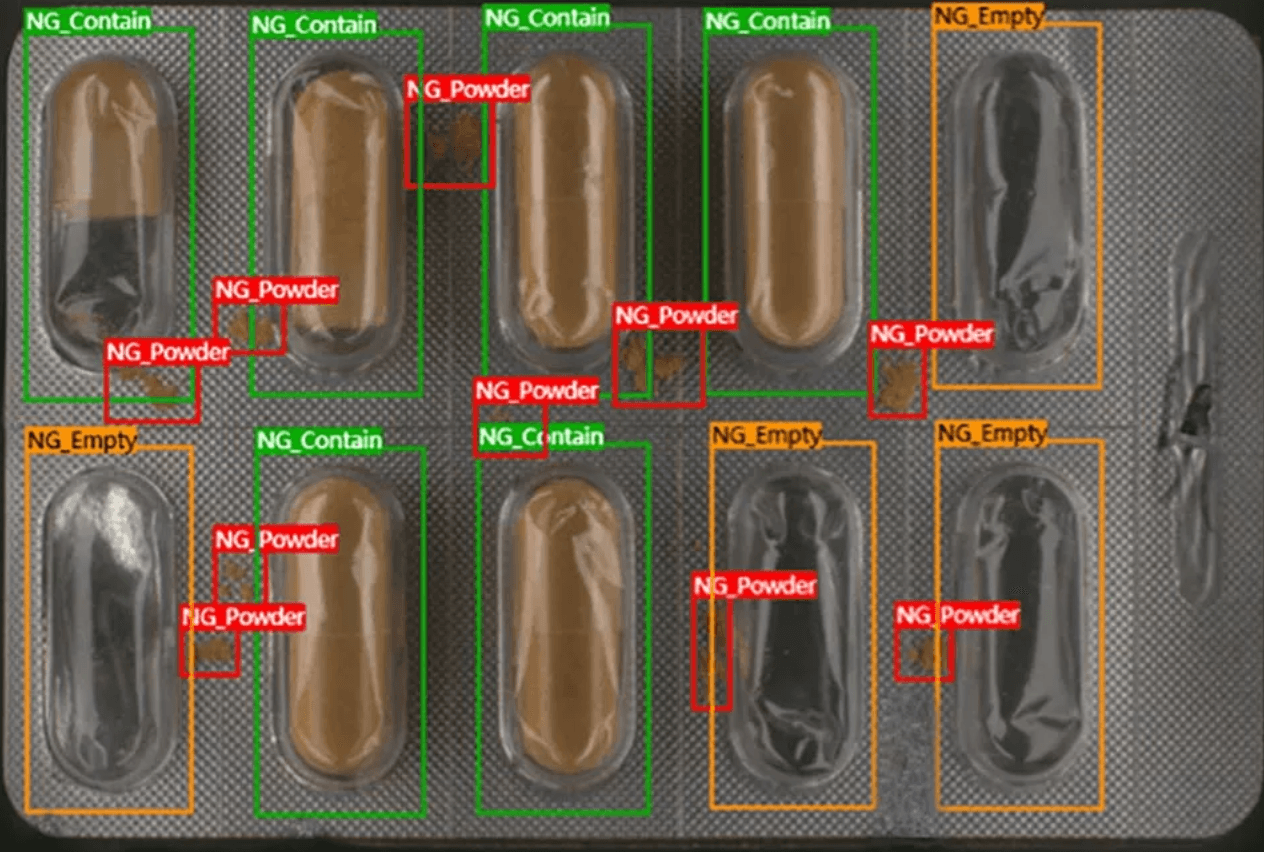 AI-powered vision system inspecting pharmaceutical blister pack and cap weld quality for cosmetic defects