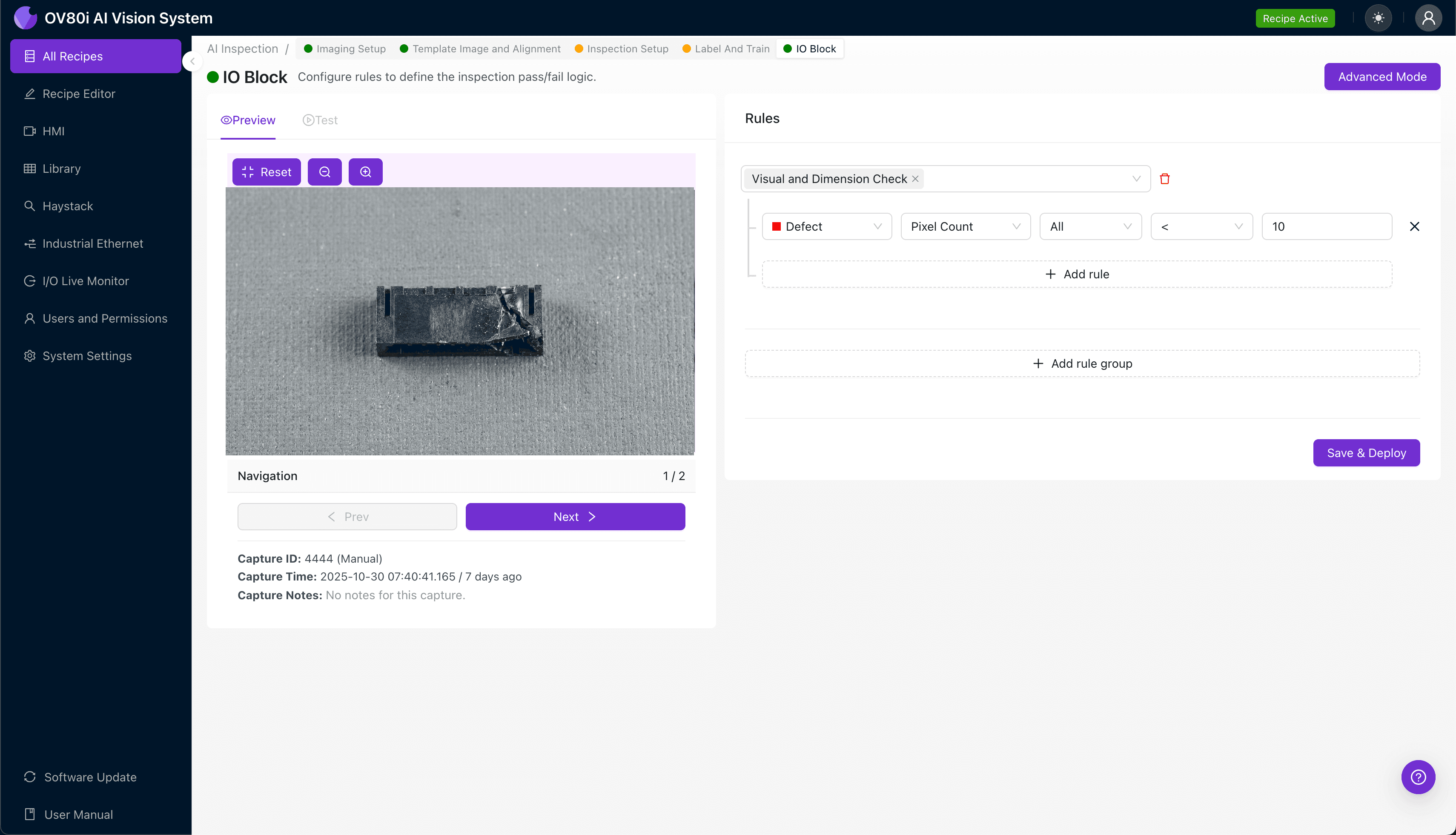 AI visual inspection system detecting crushed housing wall defects on BTB connectors