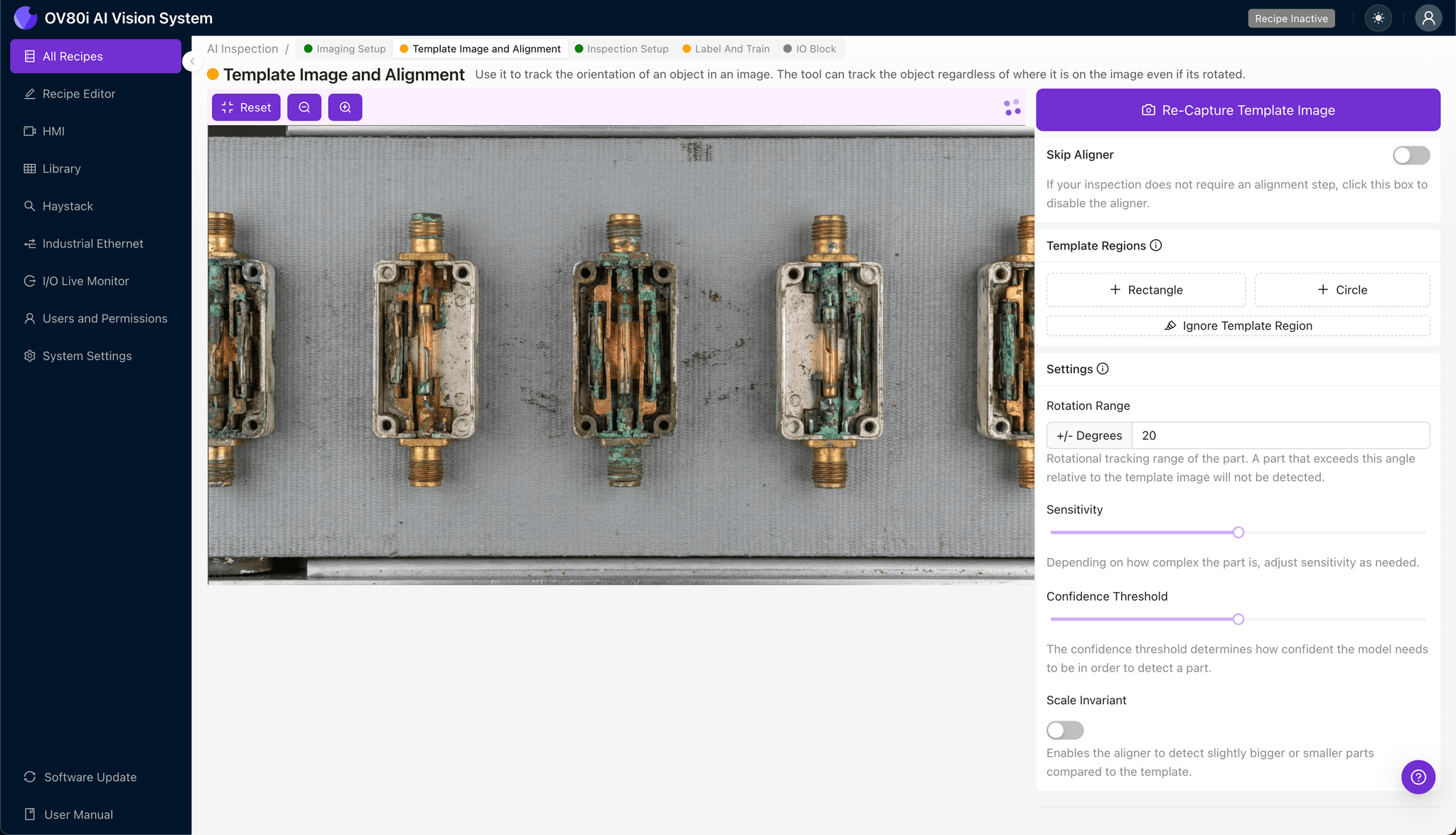 Template image alignment configuration for coaxial switch positioning