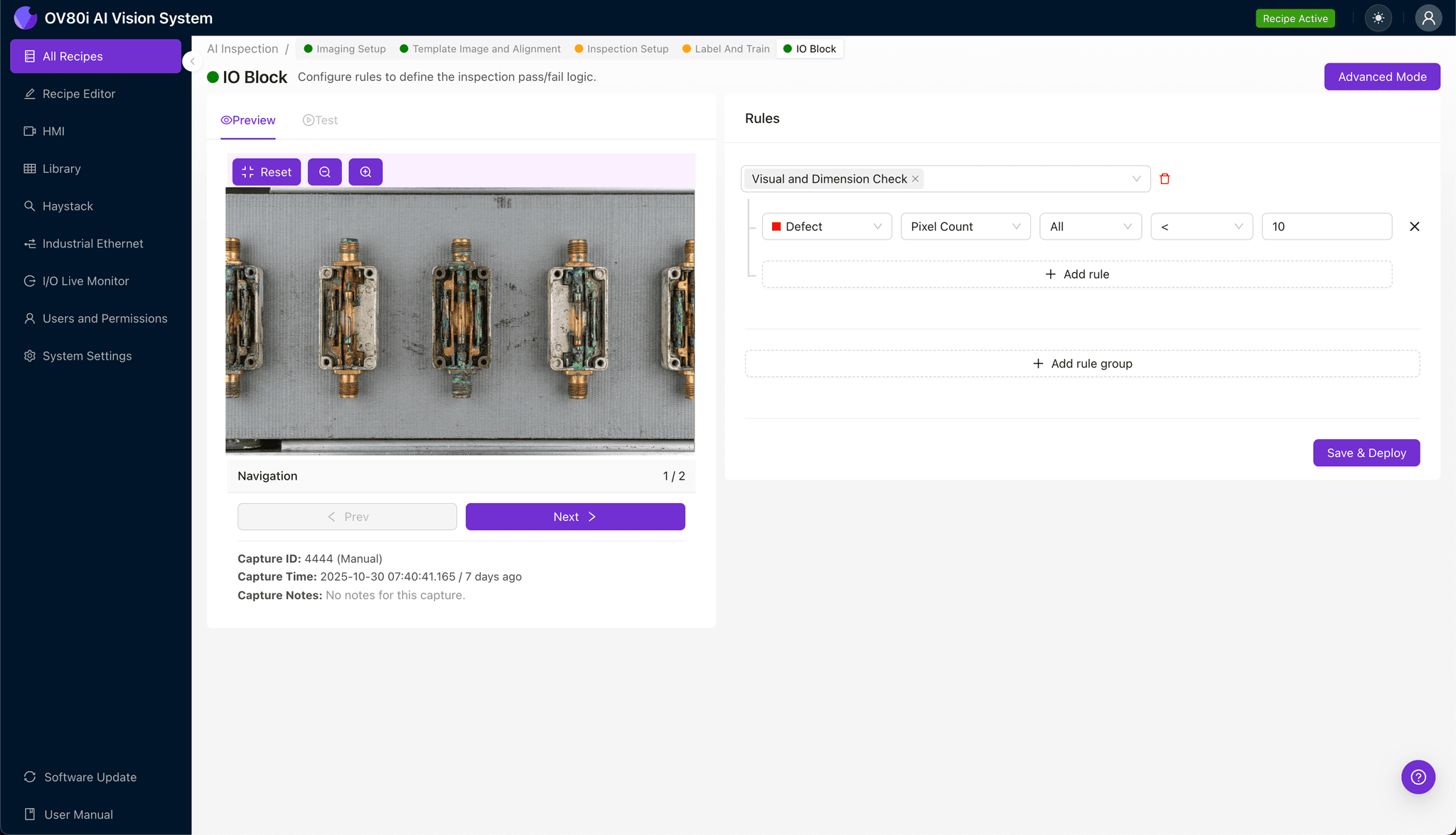 Inspection region selection highlighting reed contact areas for oxidation detection
