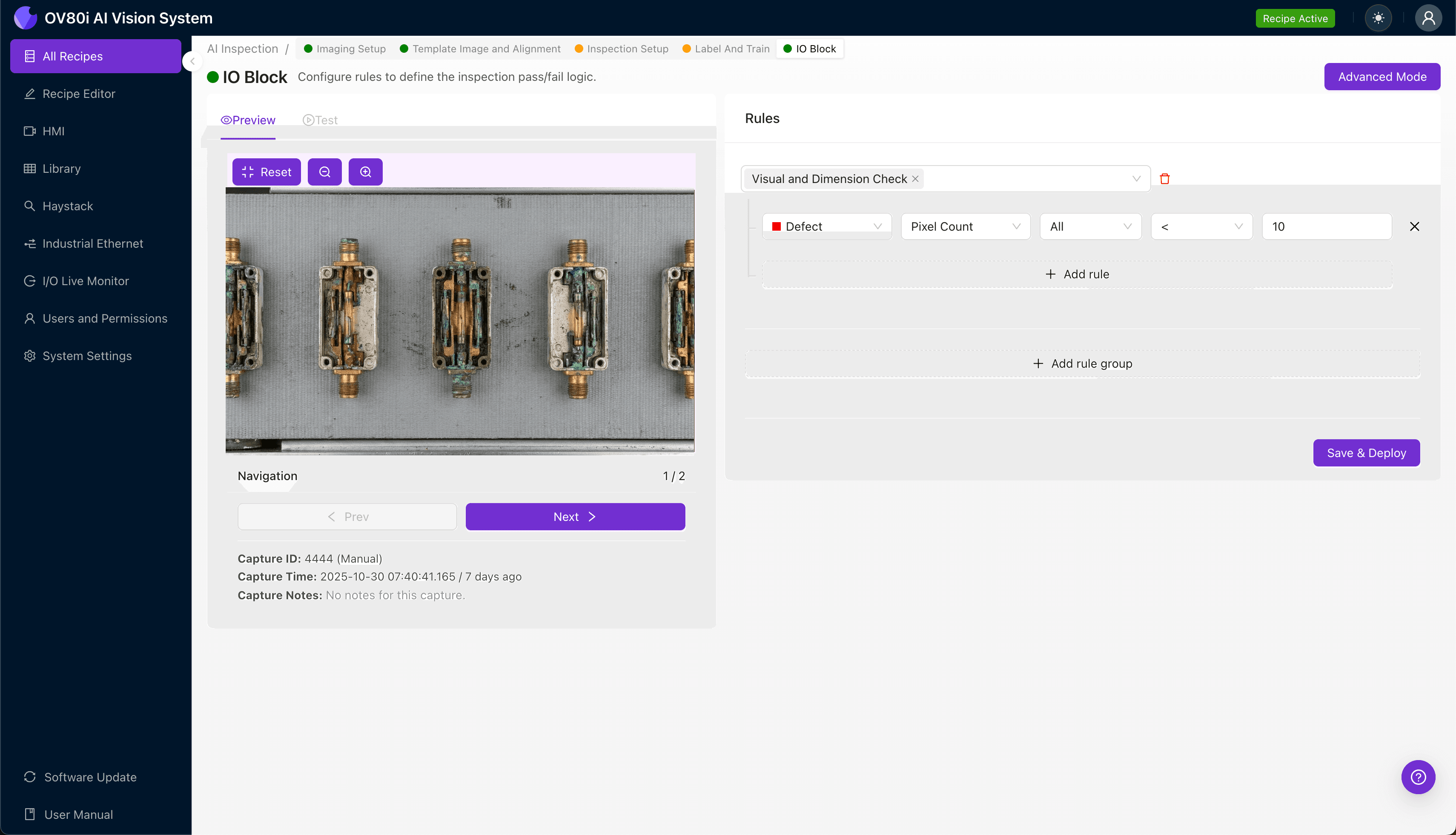 AI-powered visual inspection system detecting oxidized reed contacts in a coaxial switch