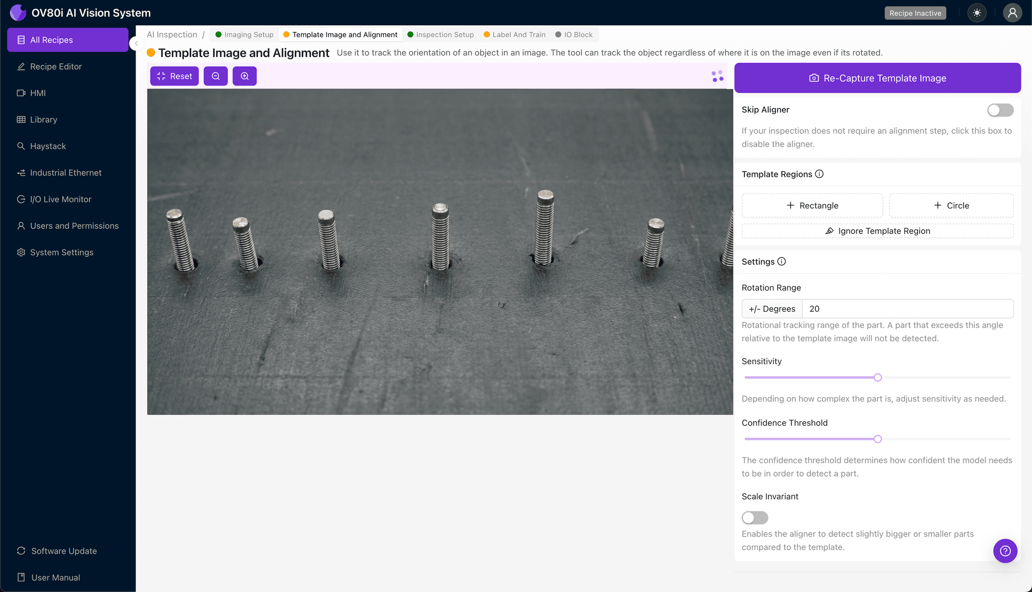 Template alignment configuration for compliant pin connector inspection