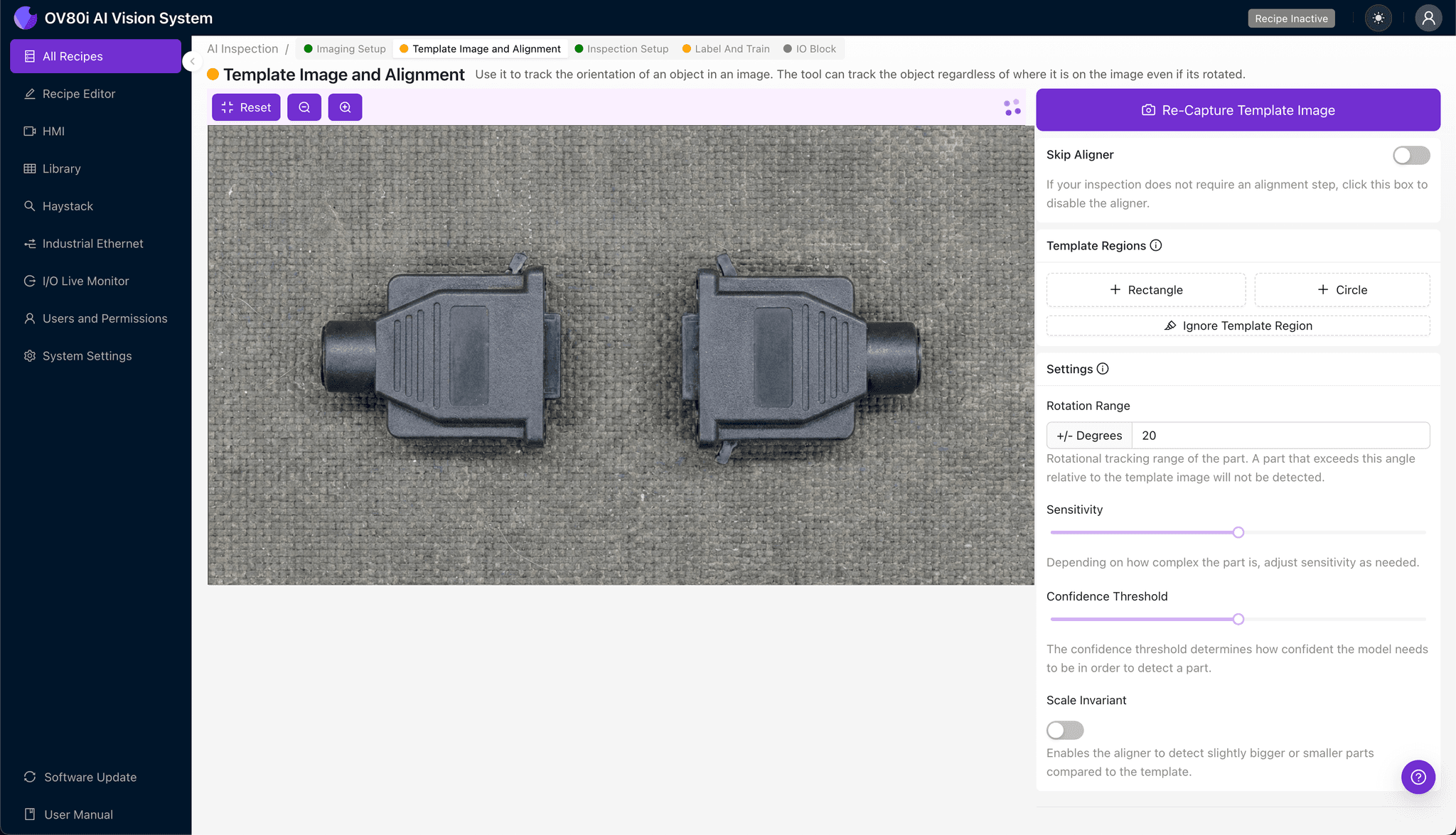 Template alignment configuration for connector shell inspection