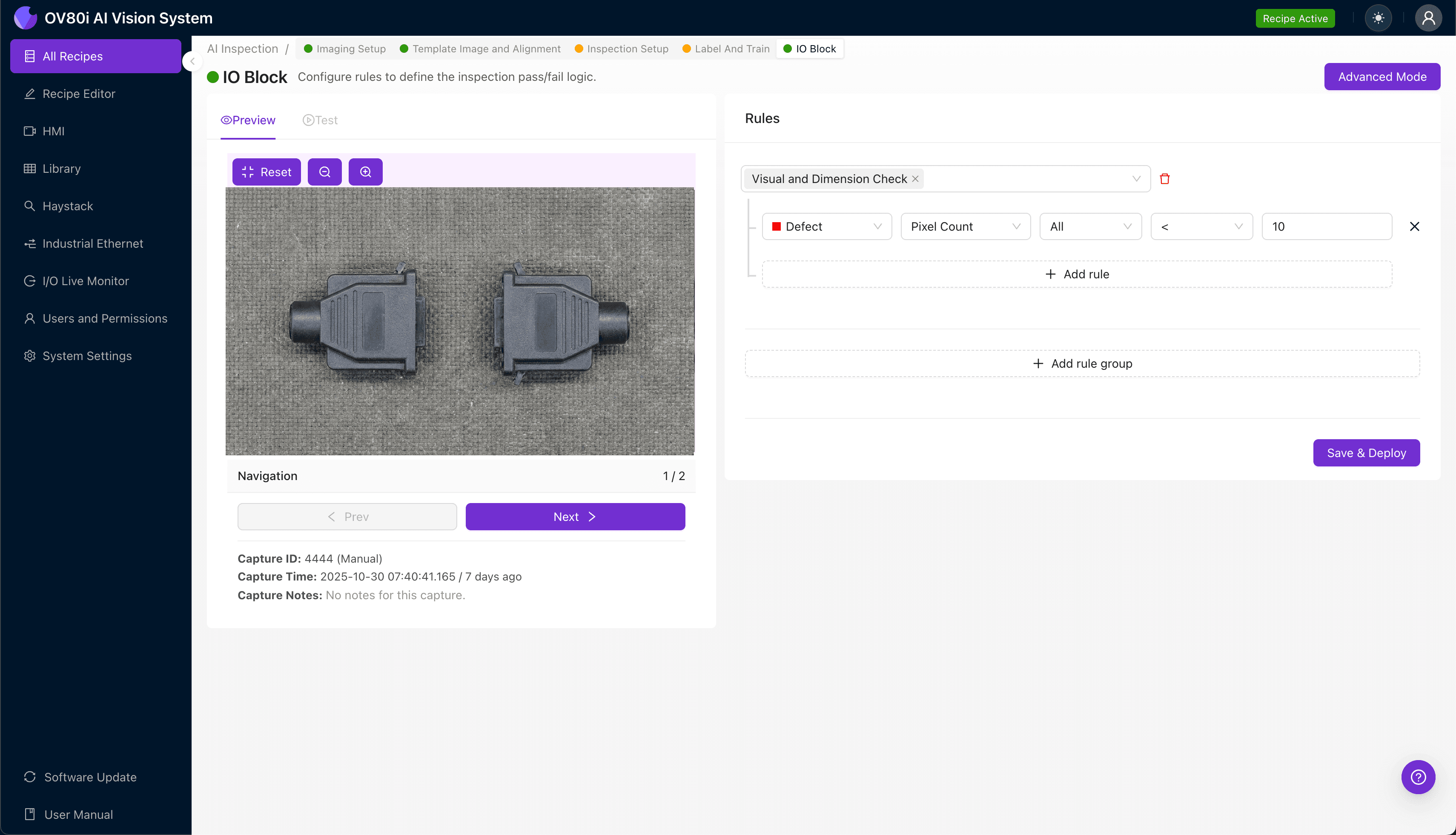 Connector shell polarization key inspection region setup in Overview.ai interface