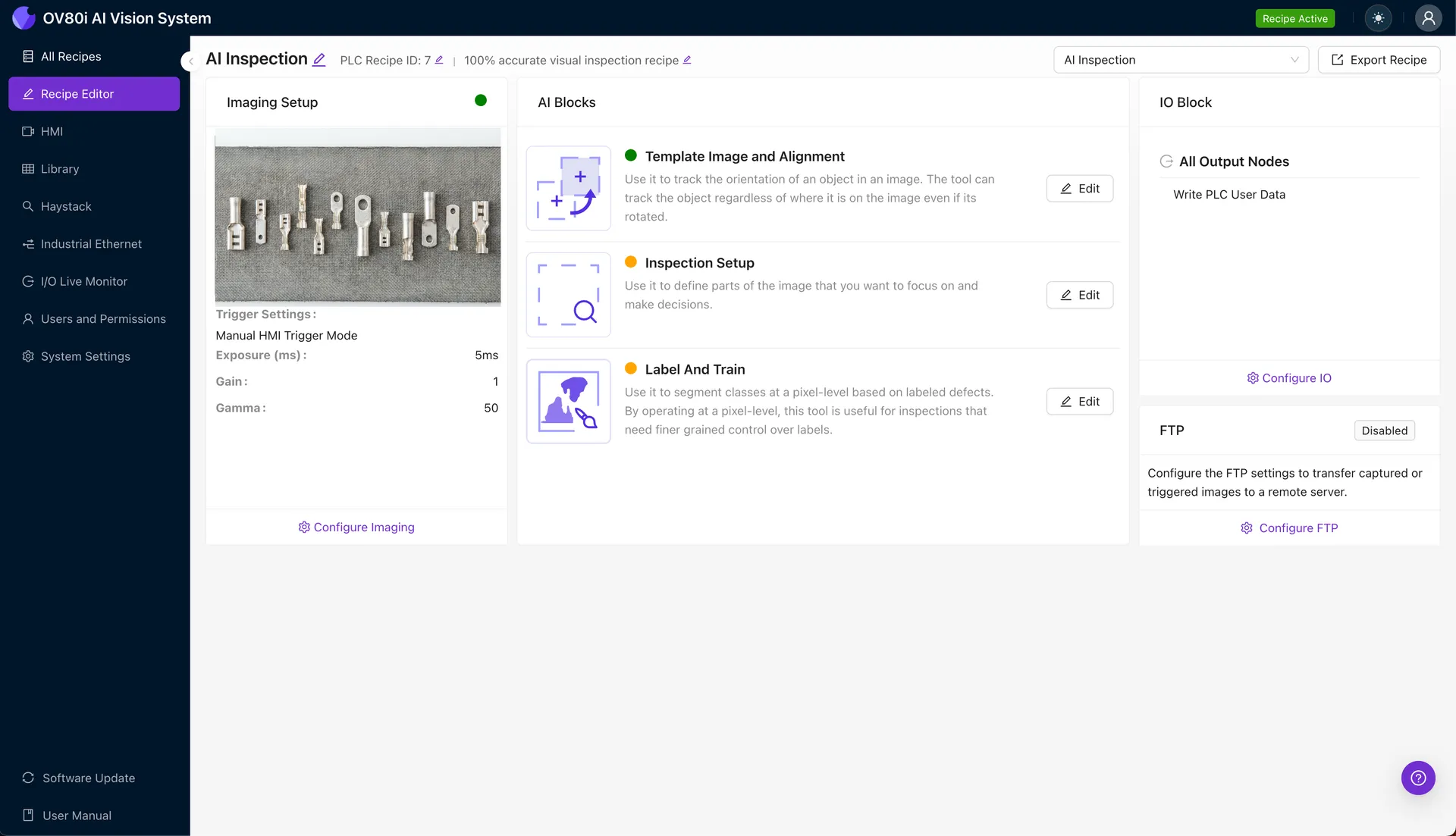 Setting up camera parameters for crimp barrel inspection