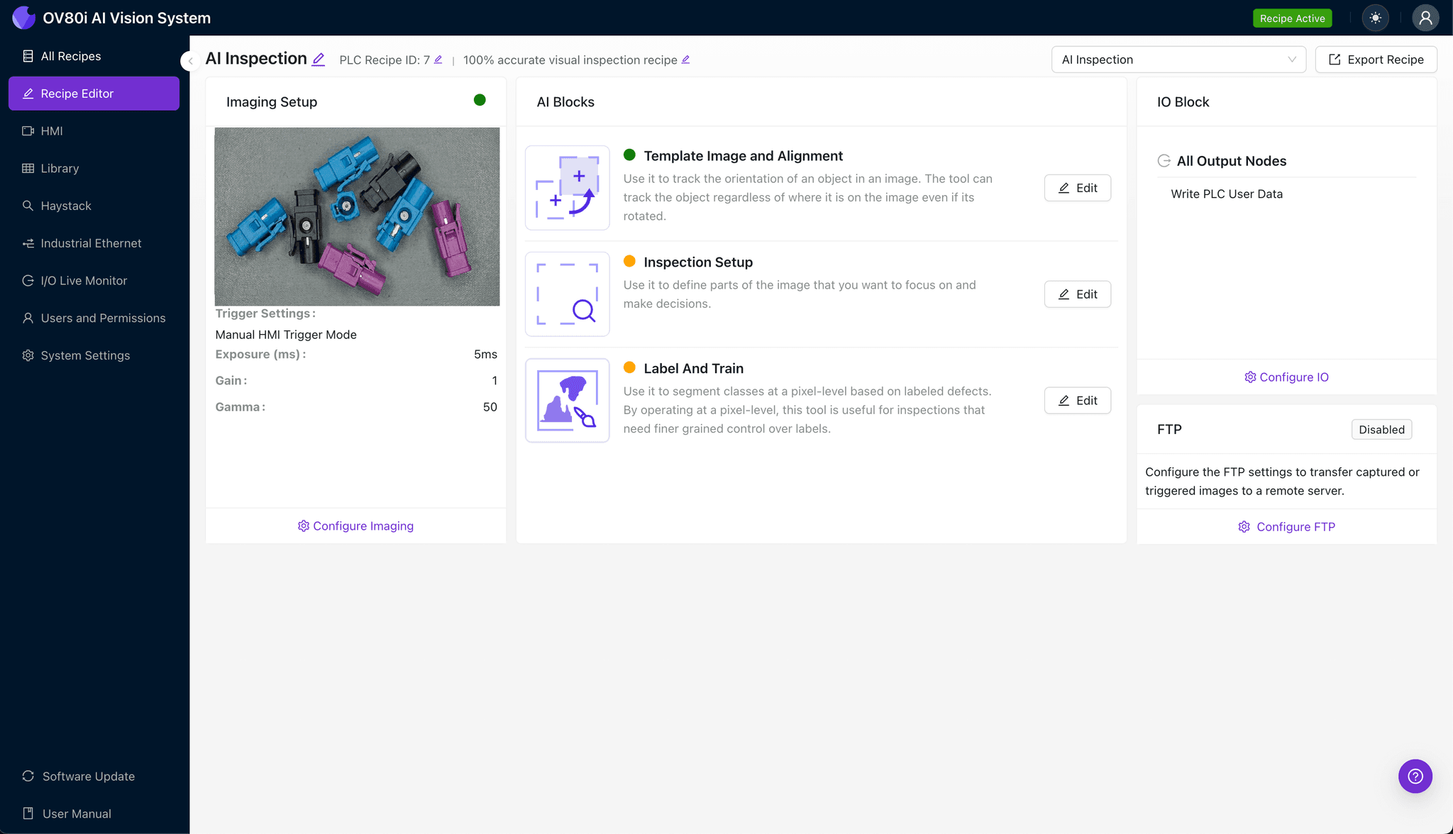 Camera imaging setup for FAKRA connector secondary lock inspection
