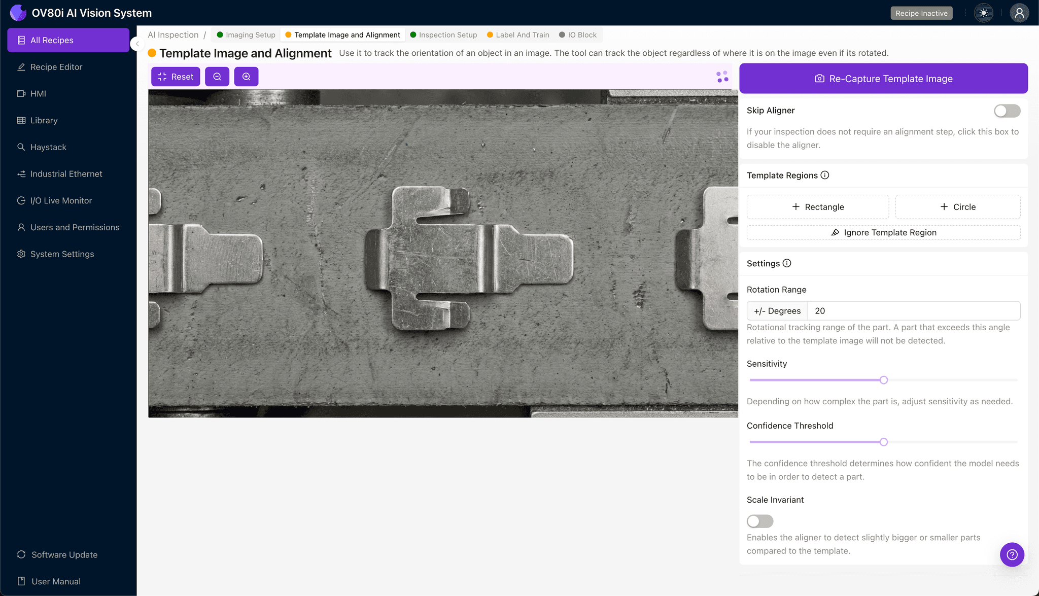 Configuración de alineación de plantilla para inspección de retorno elástico en contactos formados