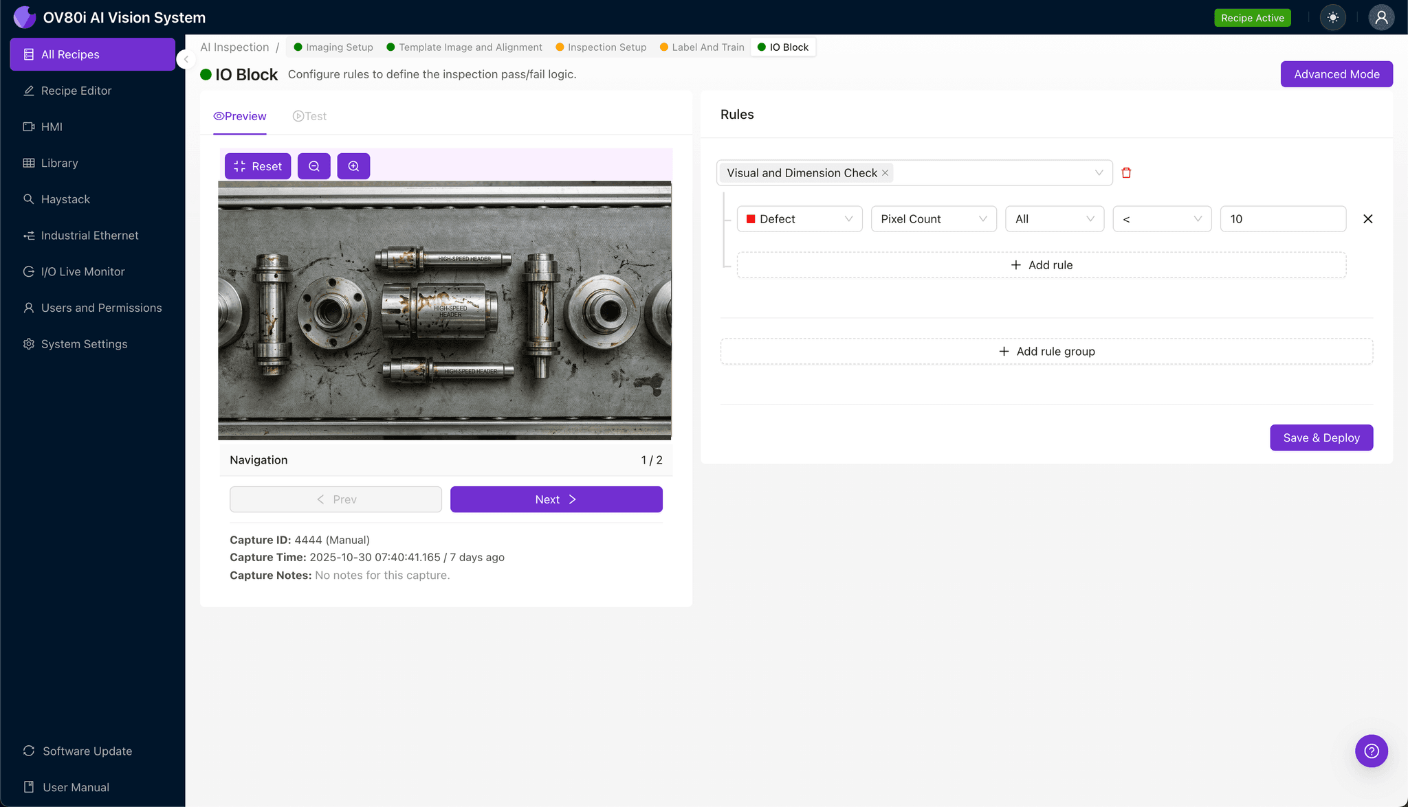 Inspection region selection highlighting weld zones and tube entries on header