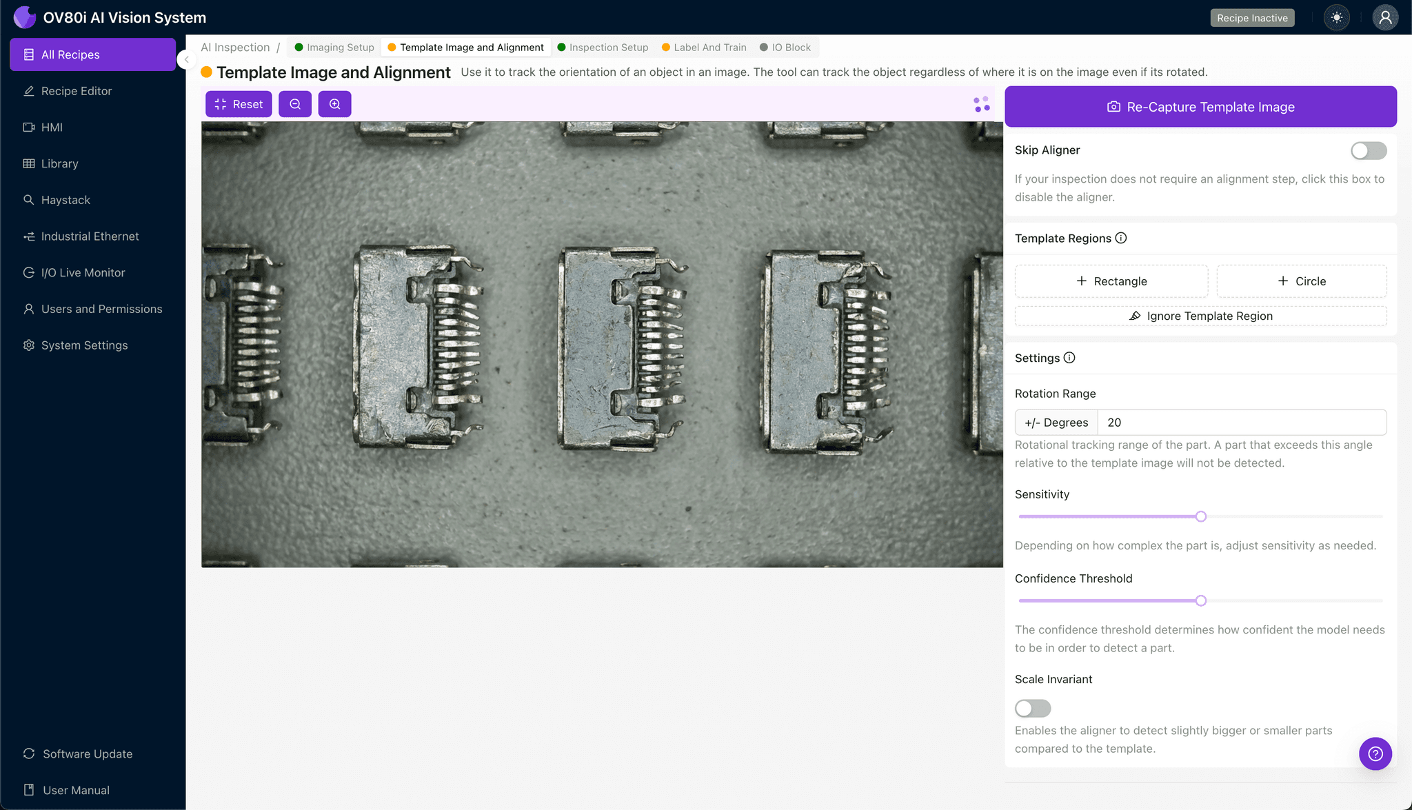 Template alignment configuration for HSD connector inspection