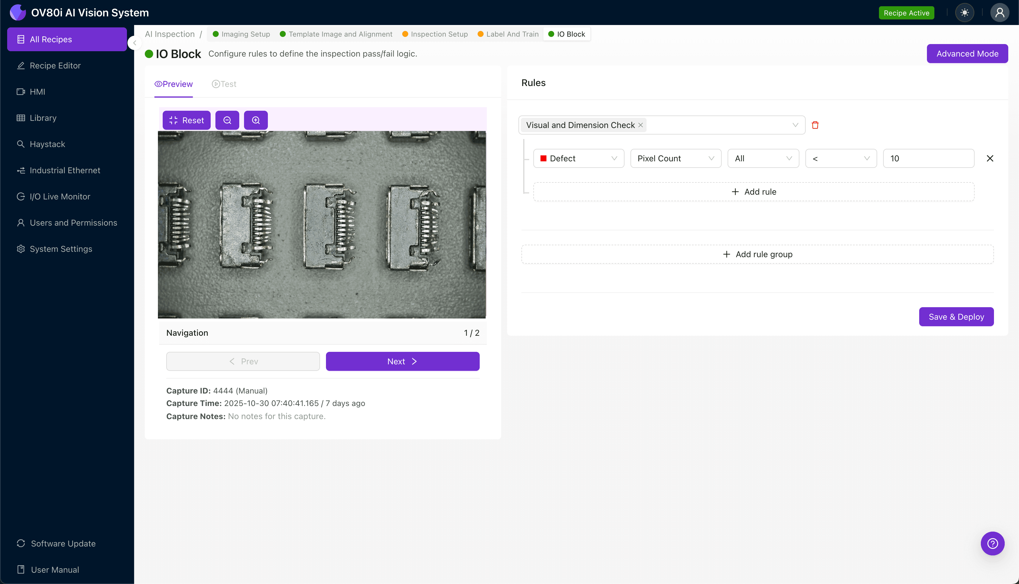 AI-powered inspection system detecting bent shielding pins on HSD connector