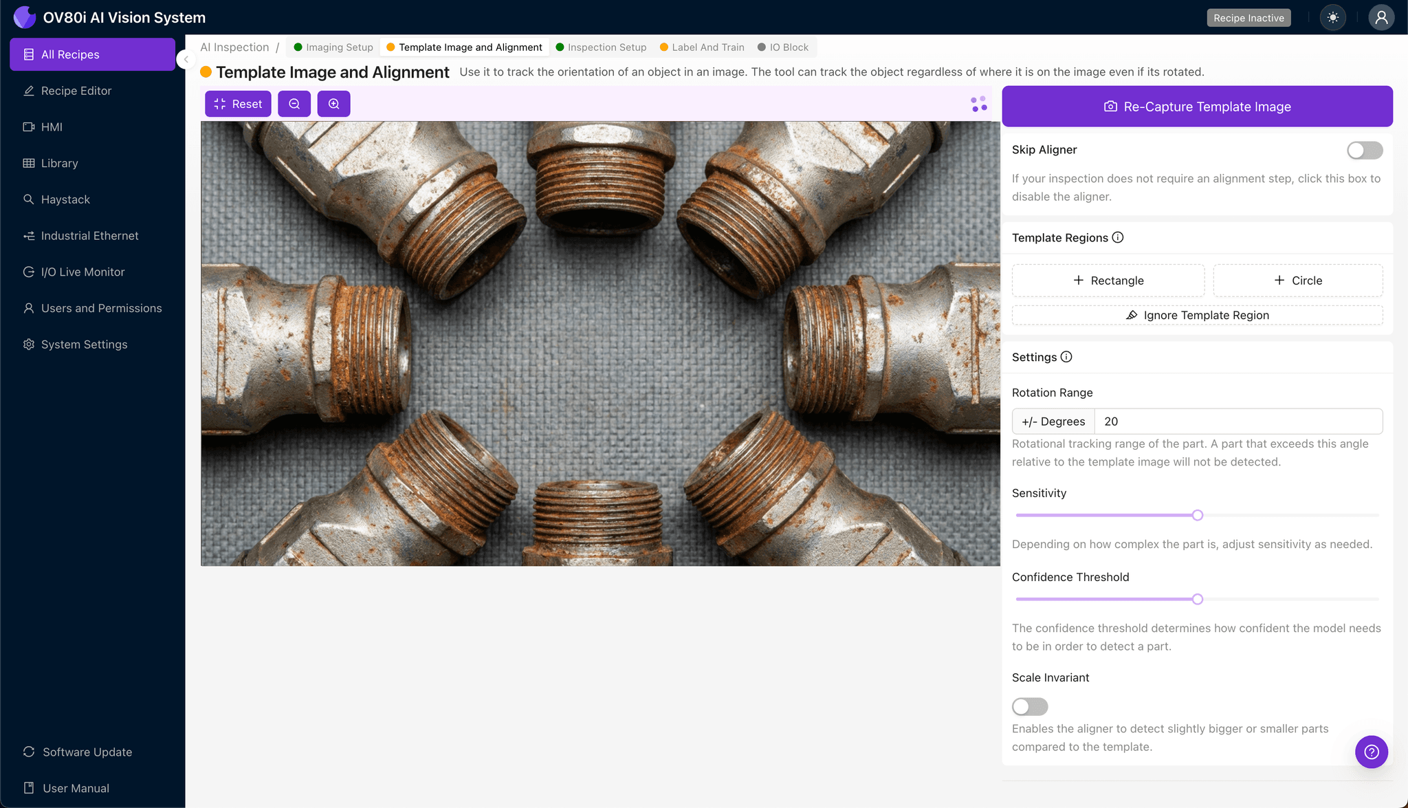 Template alignment configuration for IP67 backshell inspection
