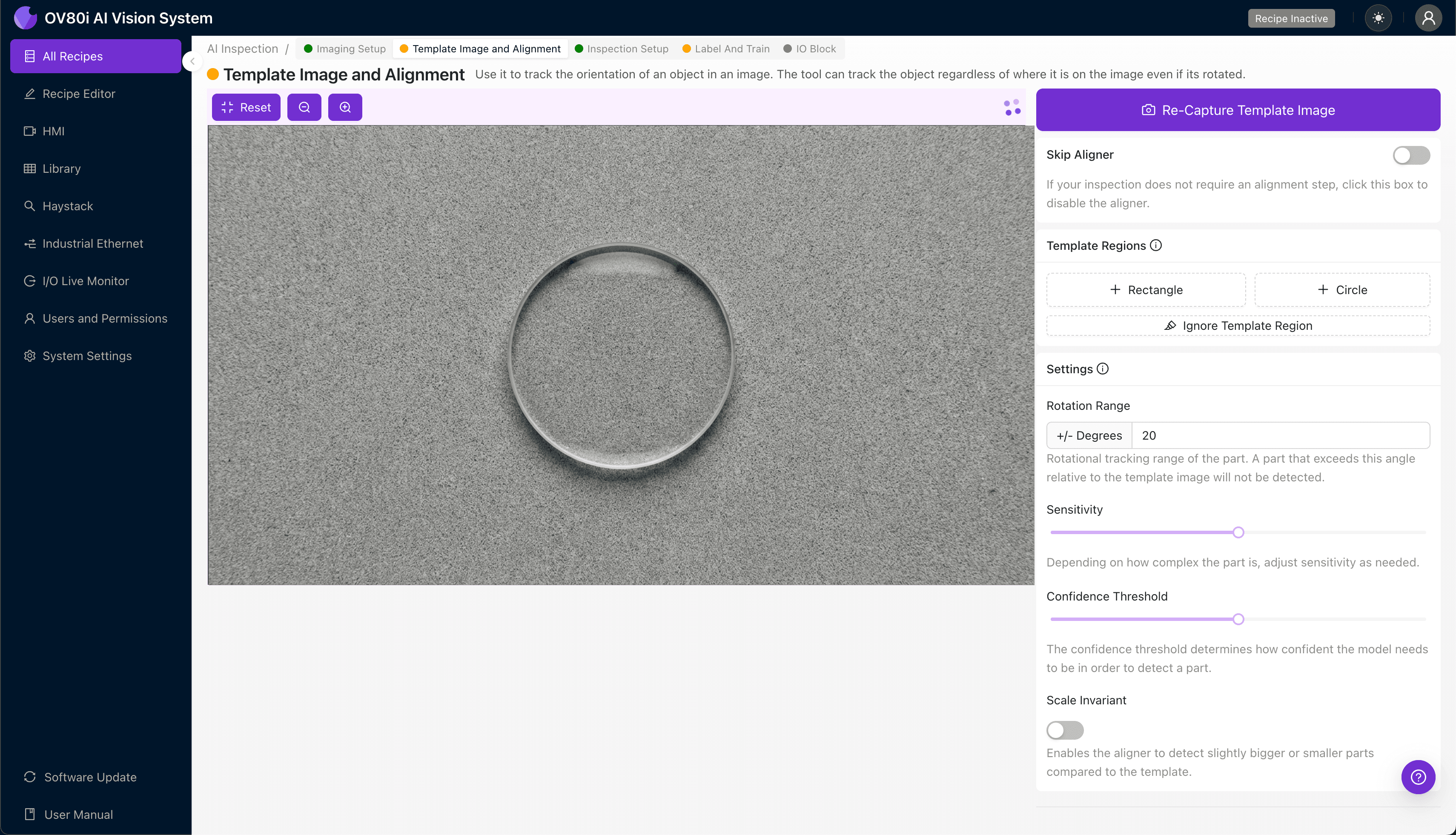 Setting up template image alignment for optical lenses