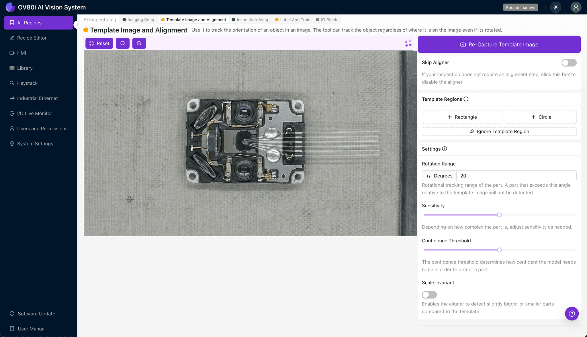 Template alignment configuration for optical engine positioning