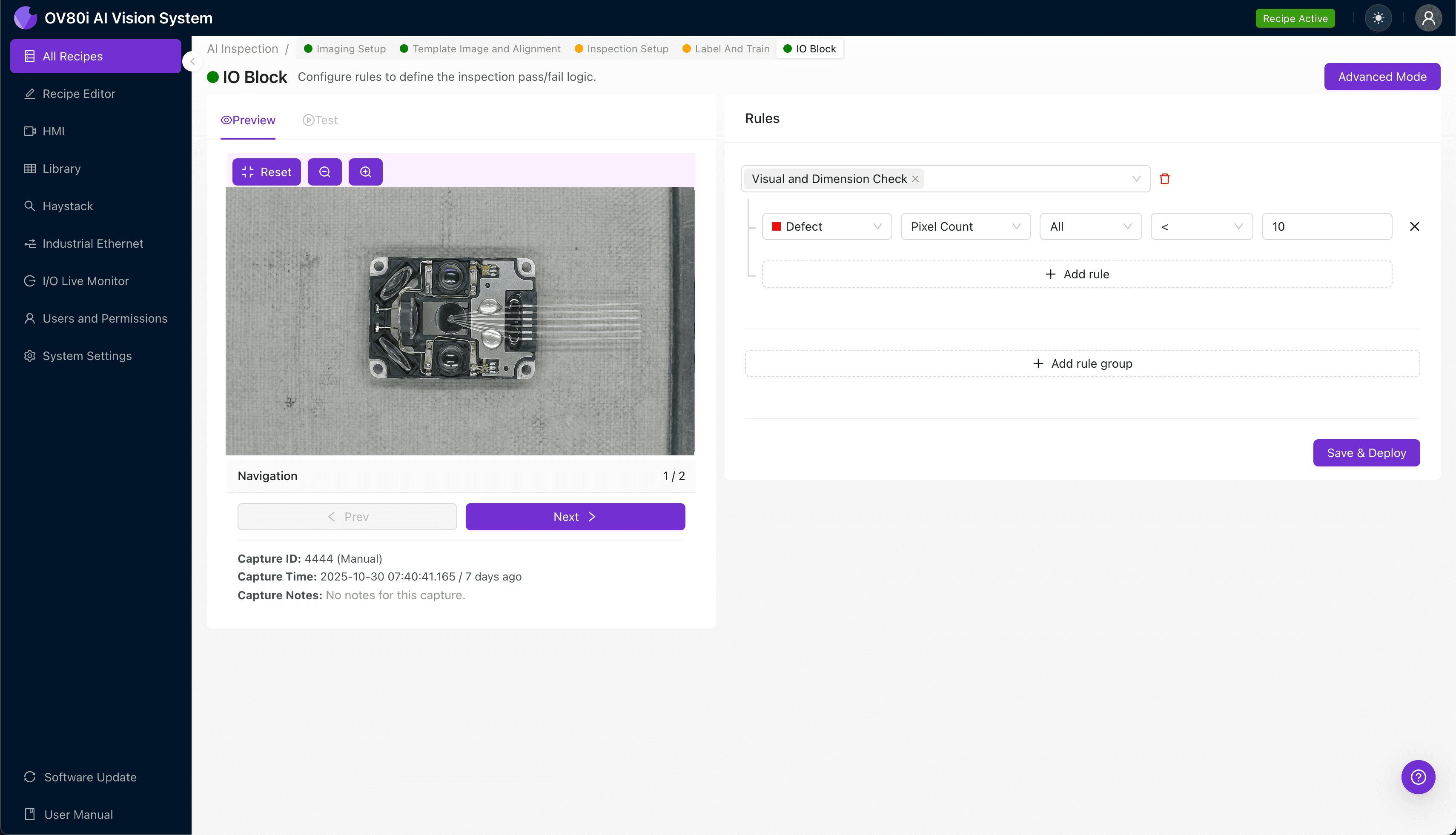 AI-powered inspection interface showing epoxy tilt detection on optical engine fiber array