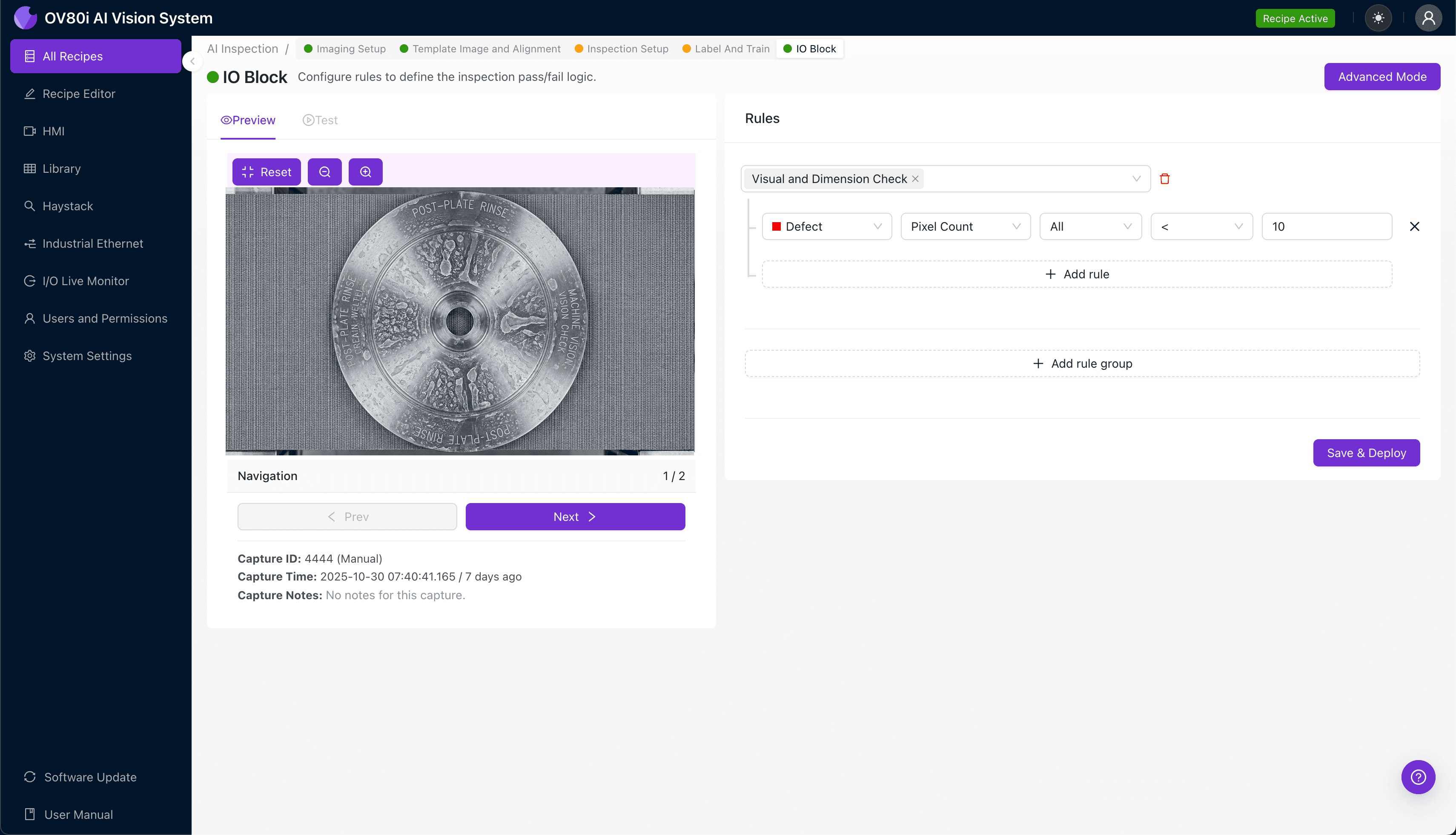 AI-powered inspection system detecting dried water spots on plated components