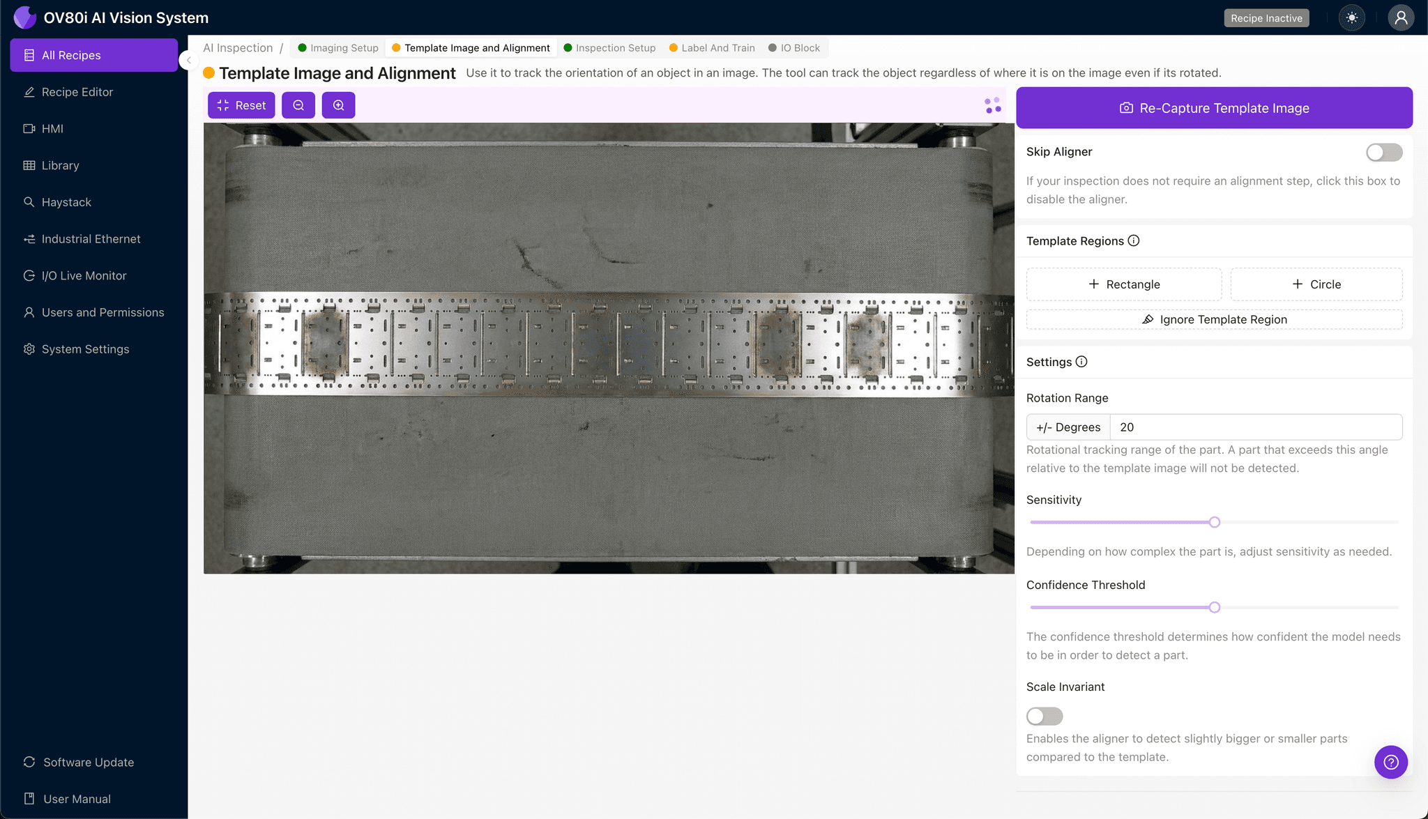 Template alignment configuration for reel-to-reel strip inspection