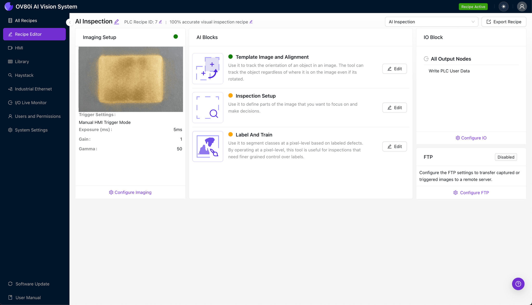 OV80i imaging setup for selective gold zone boundary inspection with optimized lighting configuration