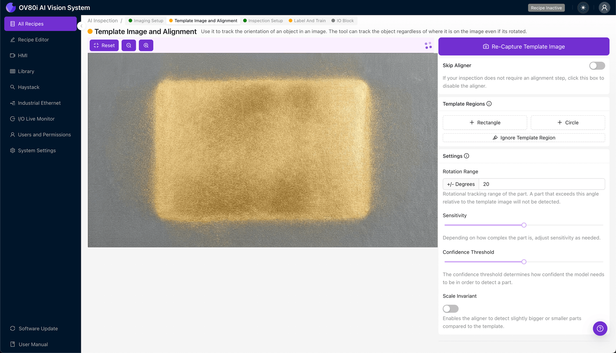 Template alignment configuration for gold-plated component with rotation range settings