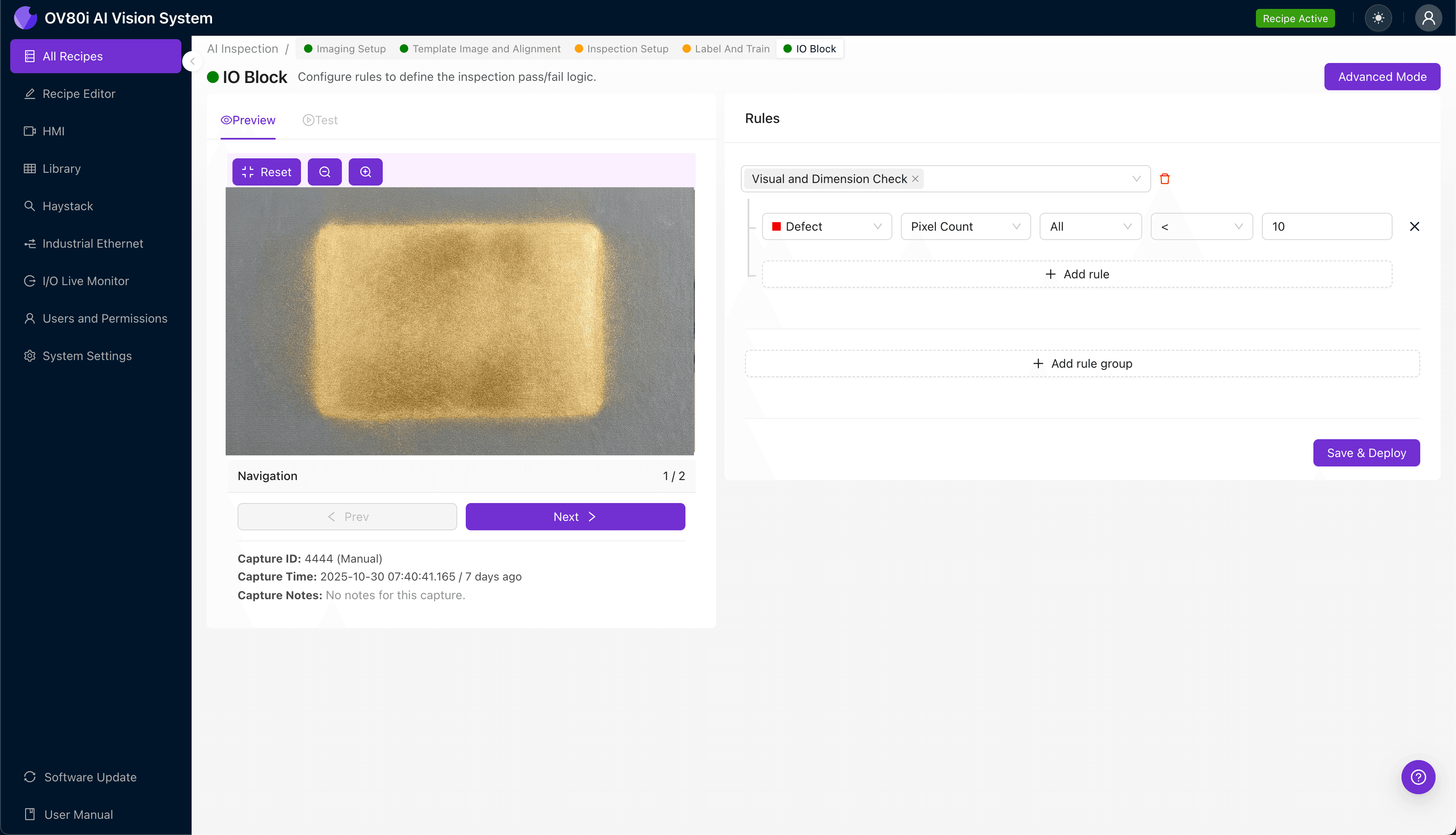 AI-powered inspection of selective gold zone with blurred boundary showing inspection region configuration