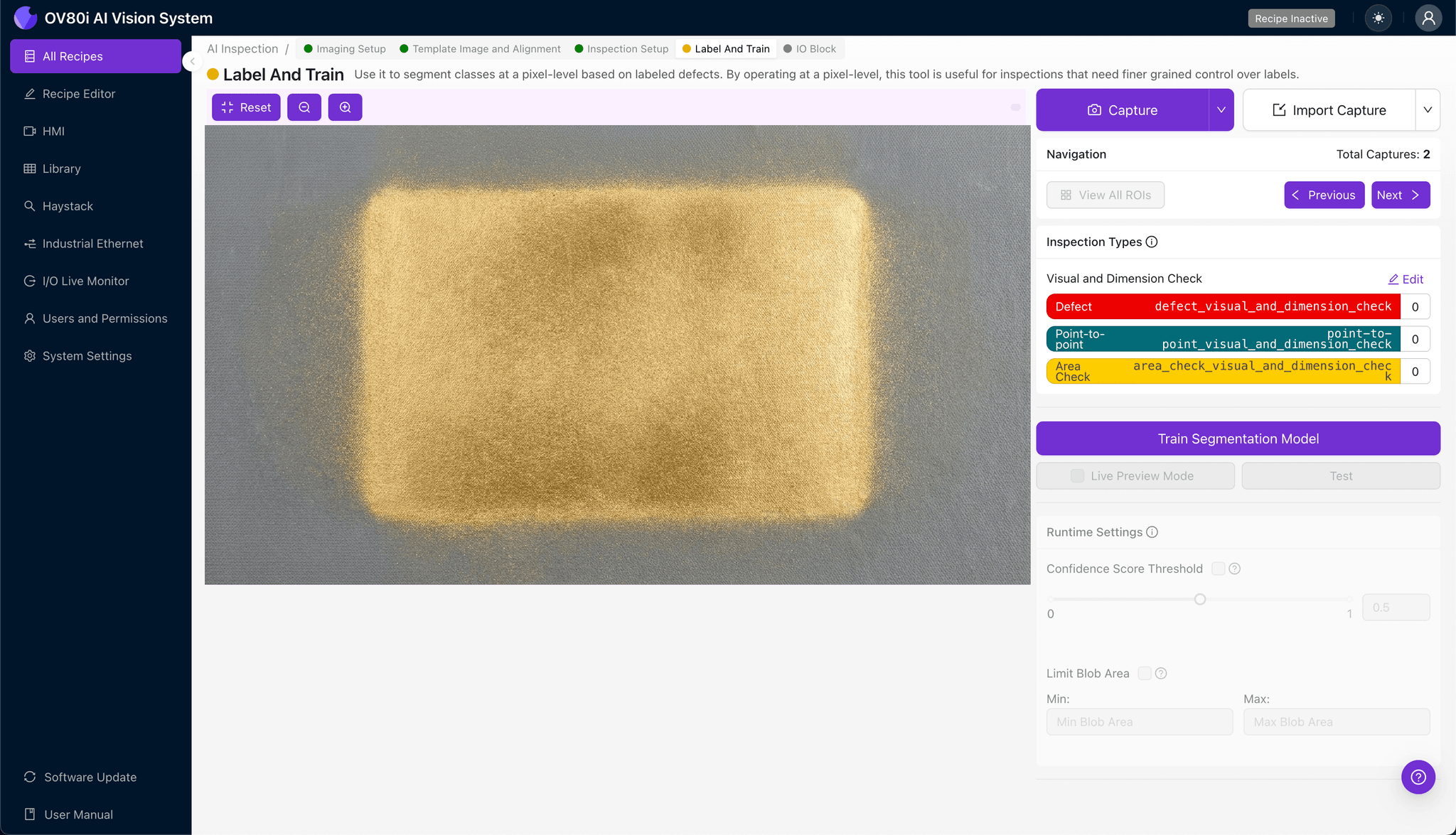 Rule configuration interface for automated pass/fail decisions on gold zone boundary inspection